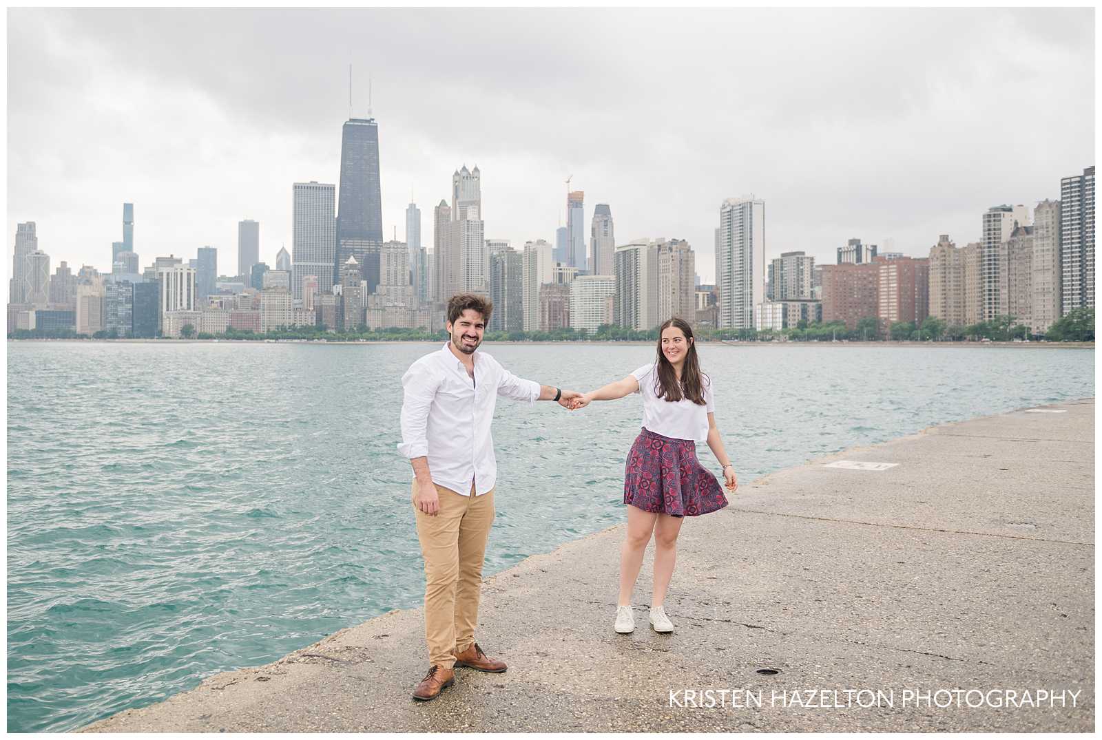 Woman looking at her new fiance in front of the Chicago skyline