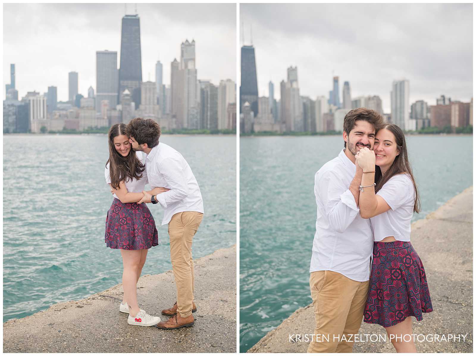 Man kissing his fiancee's cheek during a stormy surprise proposal at North Avenue Beach