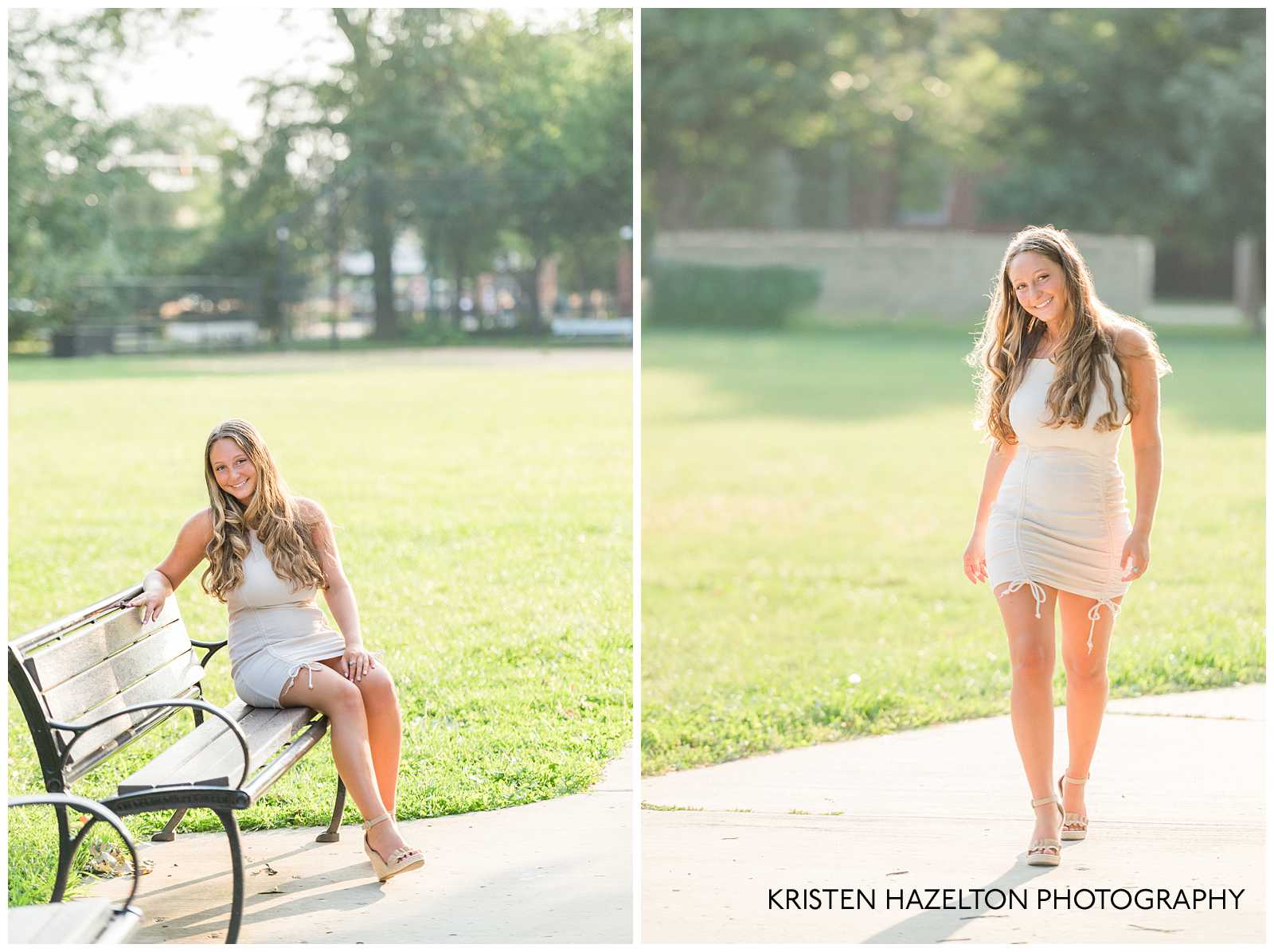 High school senior portraits of girl wearing a white dress and seated on a bench.