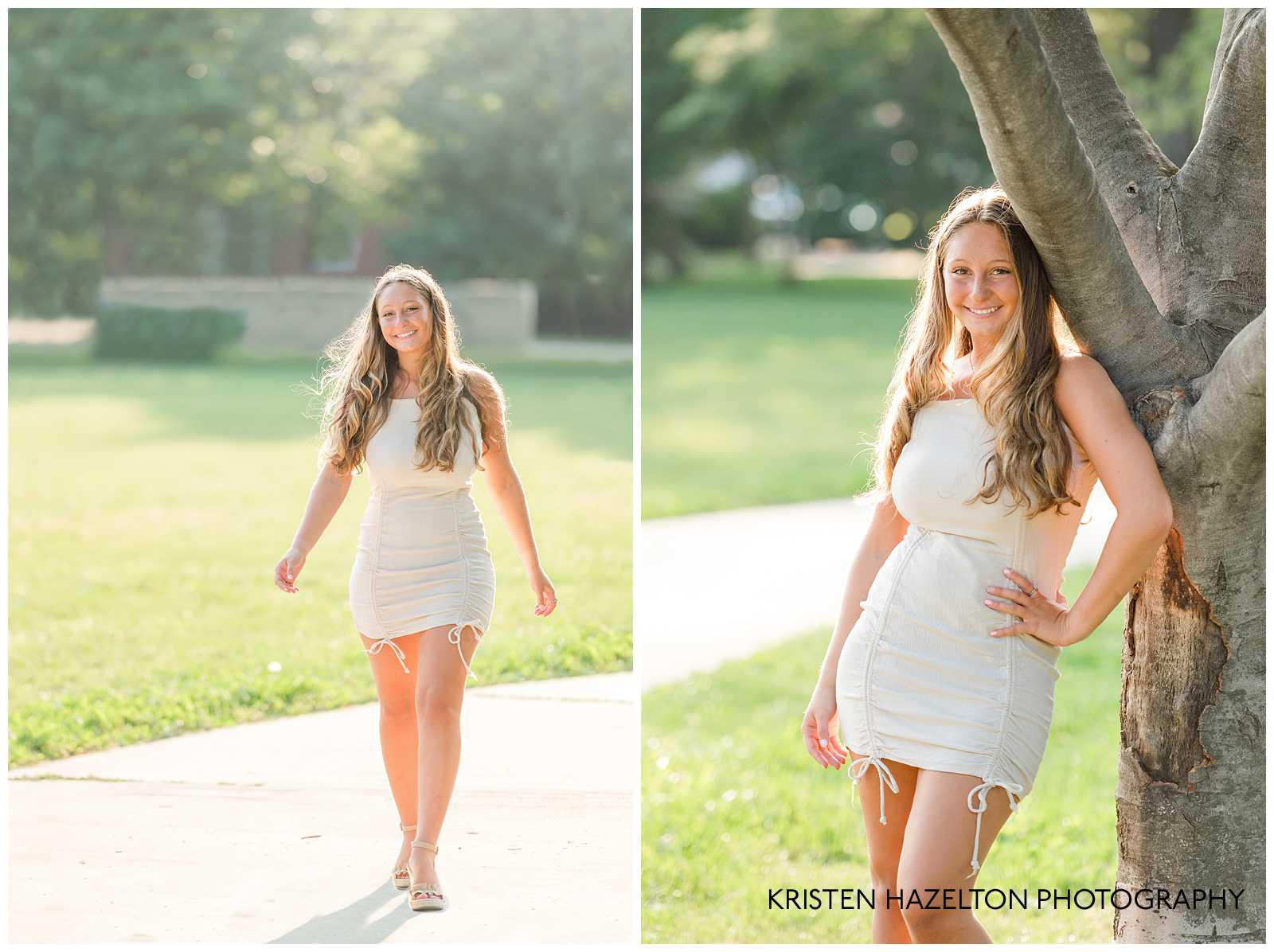 Senior girl in a white dress leaning against a tree for her OPRF Senior Pictures 