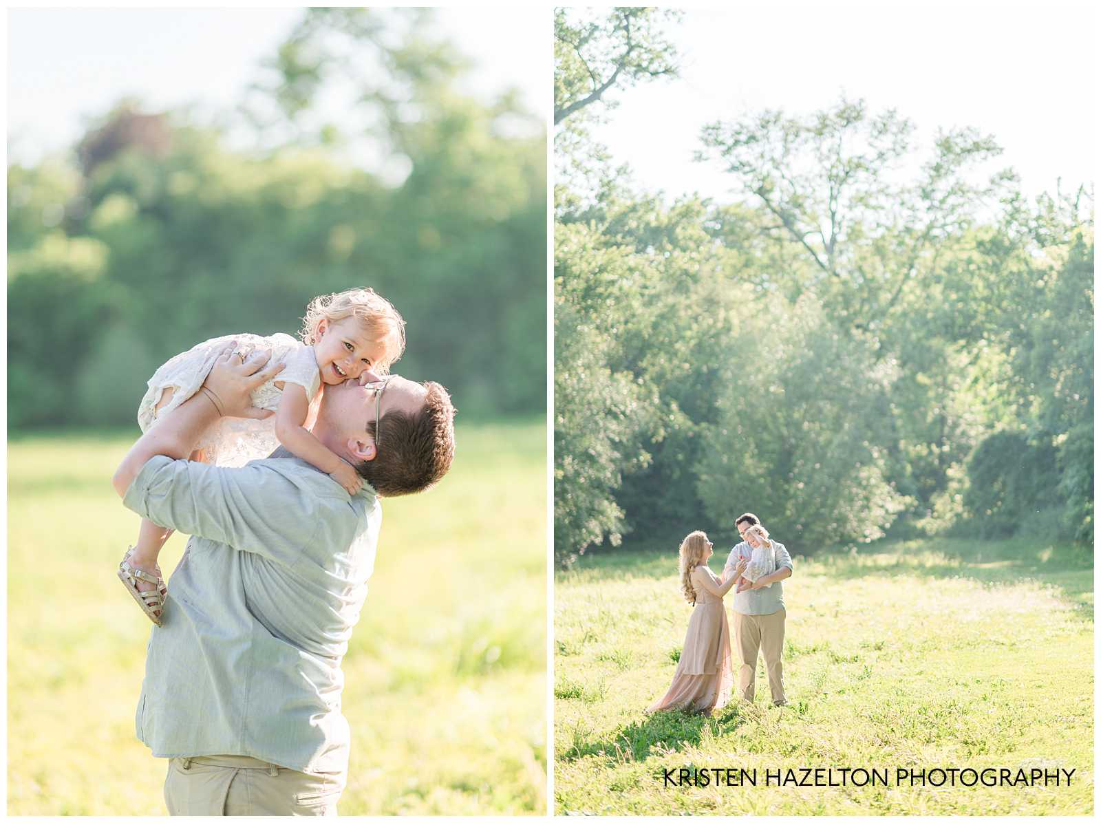 Dad holding up his toddler daughter and giving her kisses by Riverside, IL family photographer Kristen Hazelton