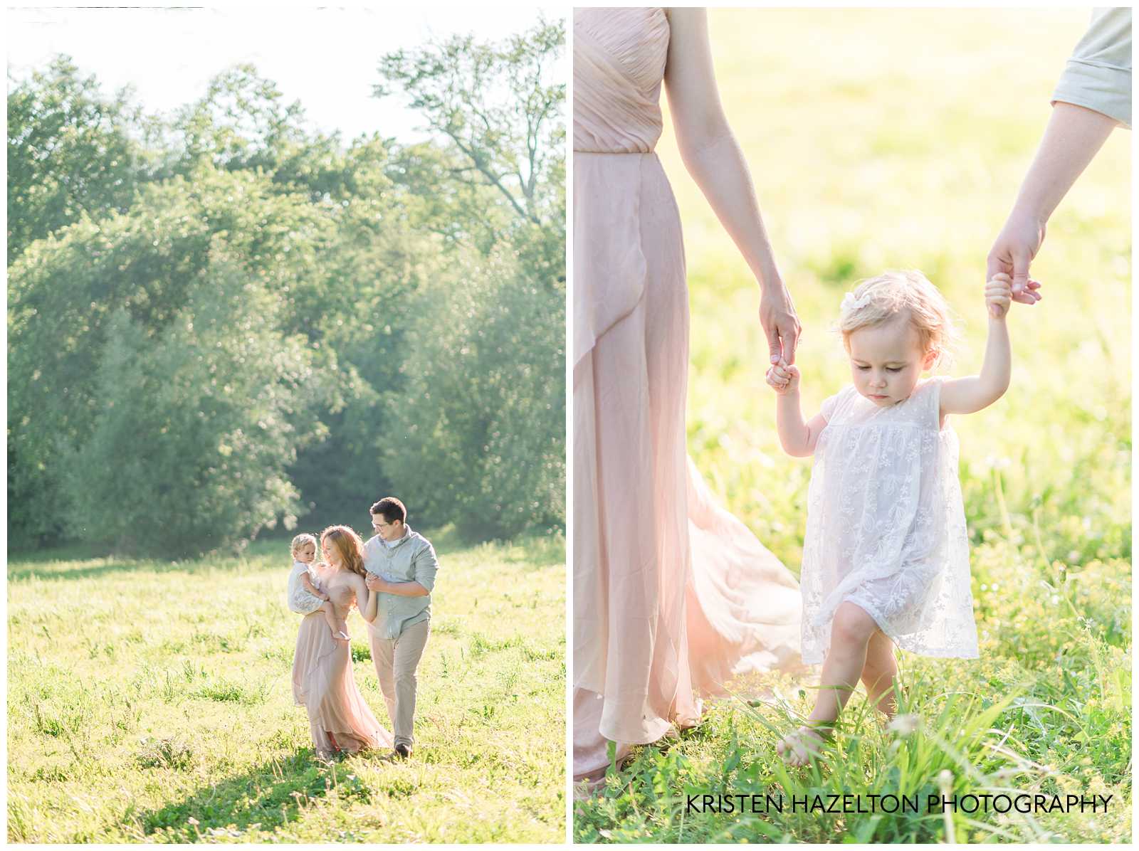 Family of three walking in a sunny meadow
