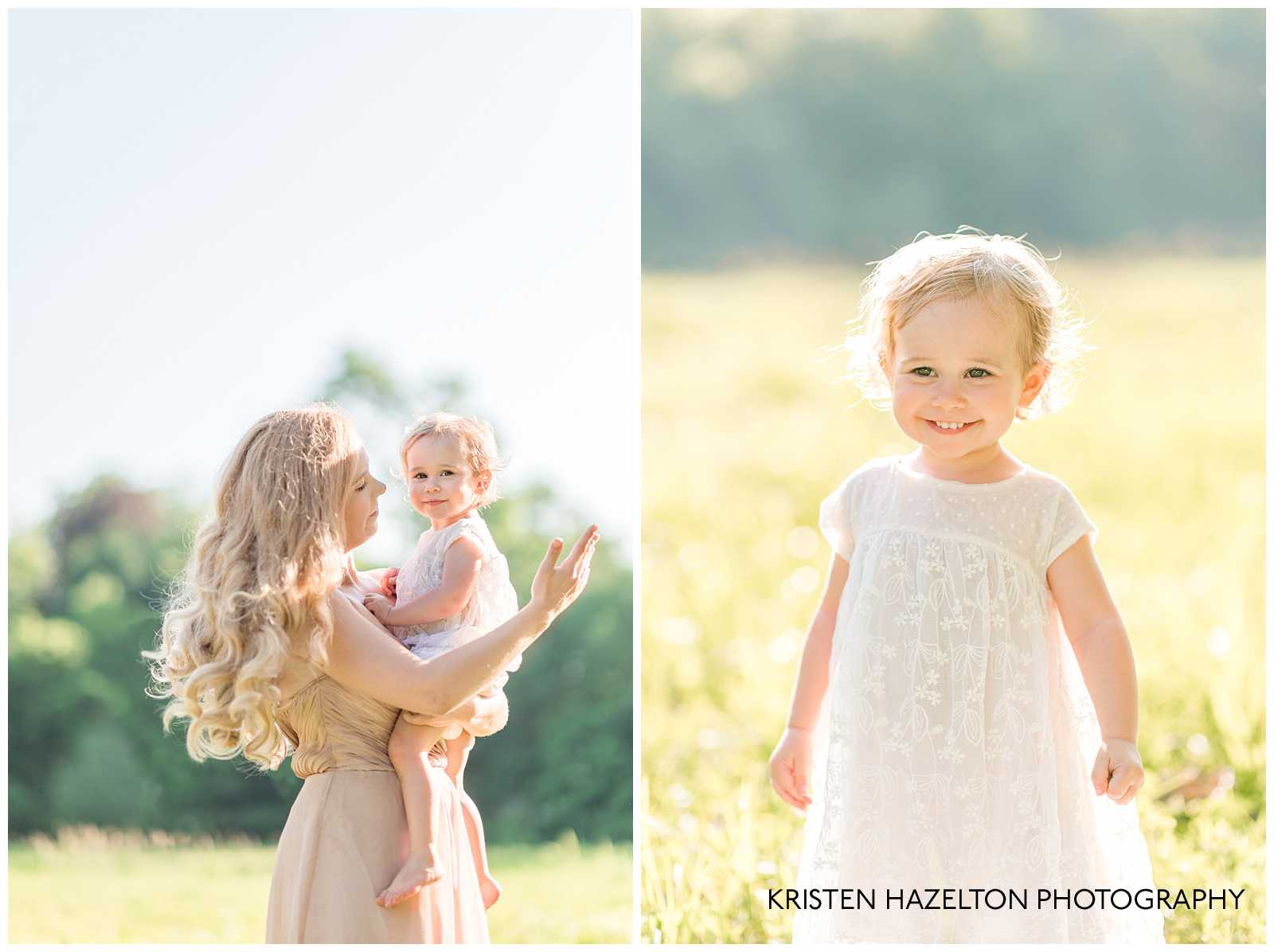 Mom holding her toddler daughter ina sunny meadow by Riverside, IL family photographer Kristen Hazelton
