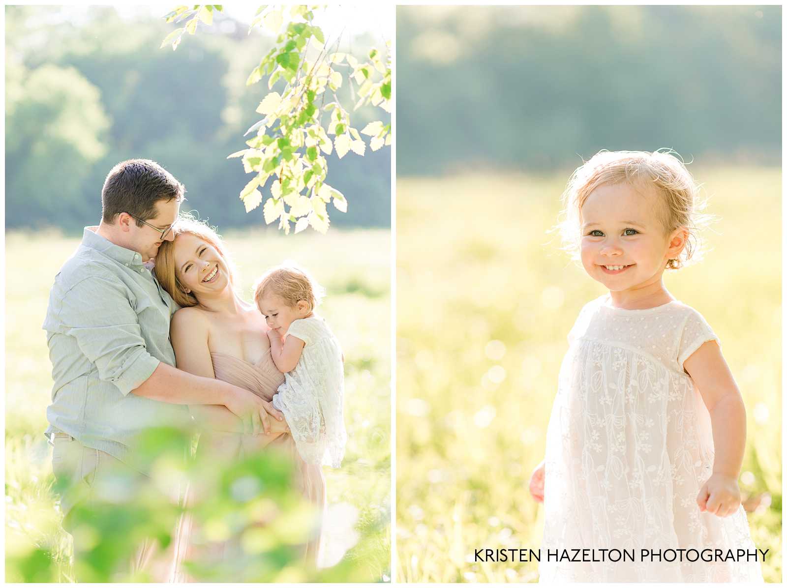 Family of three in a sunny meadow by Riverside, IL family photographer Kristen Hazelton