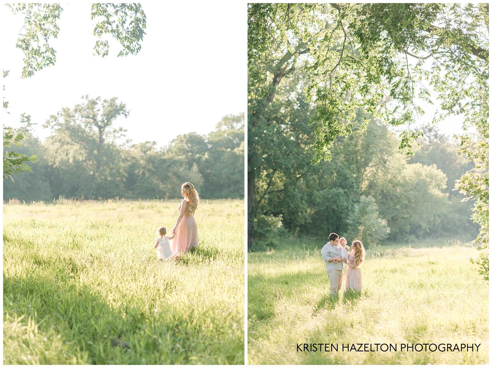 Family of three walking in a sunny meadow