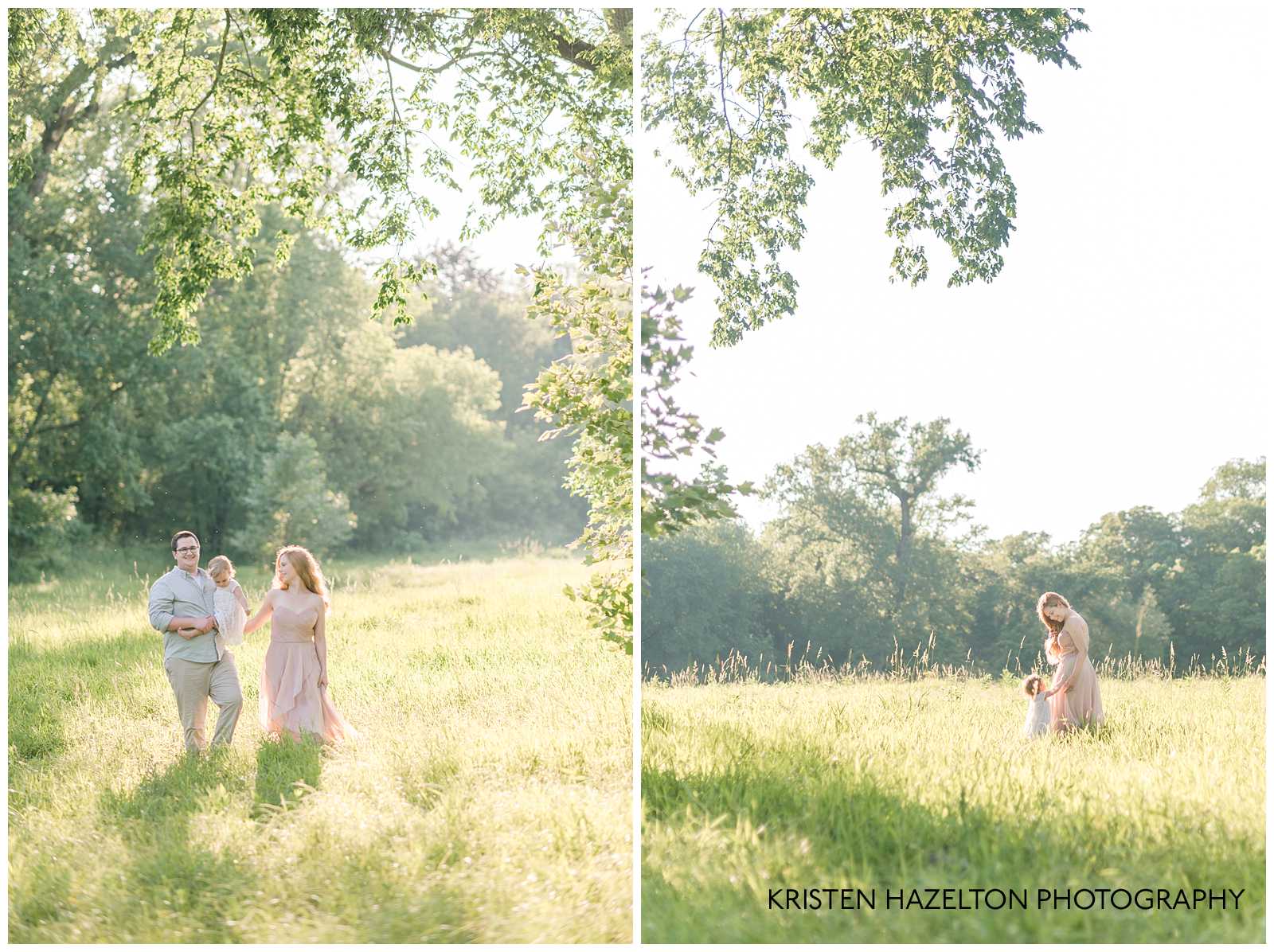 Family of three walking in a sunny meadow by Riverside, IL family photographer Kristen Hazelton