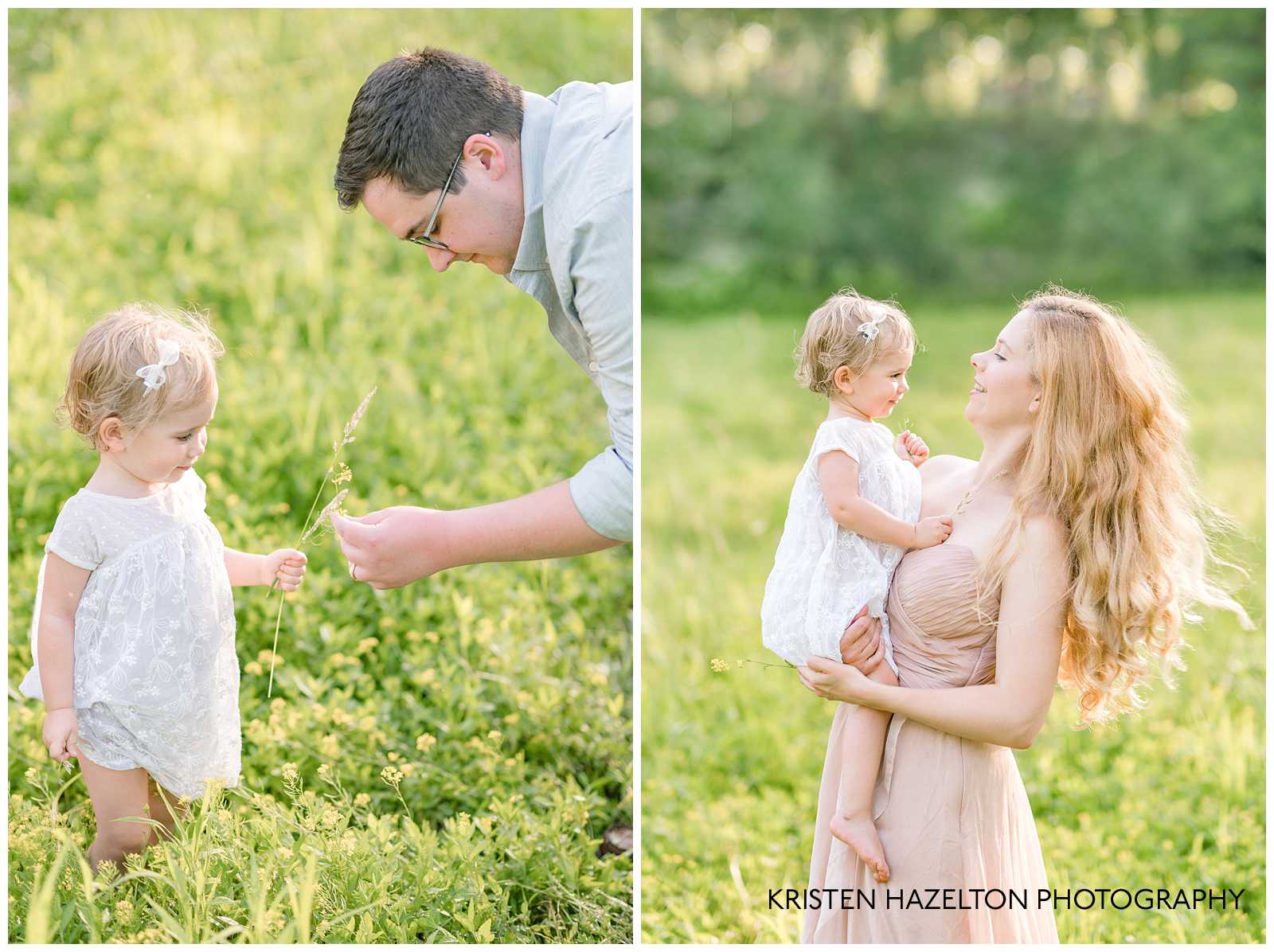 Family of three playing in a meadow 