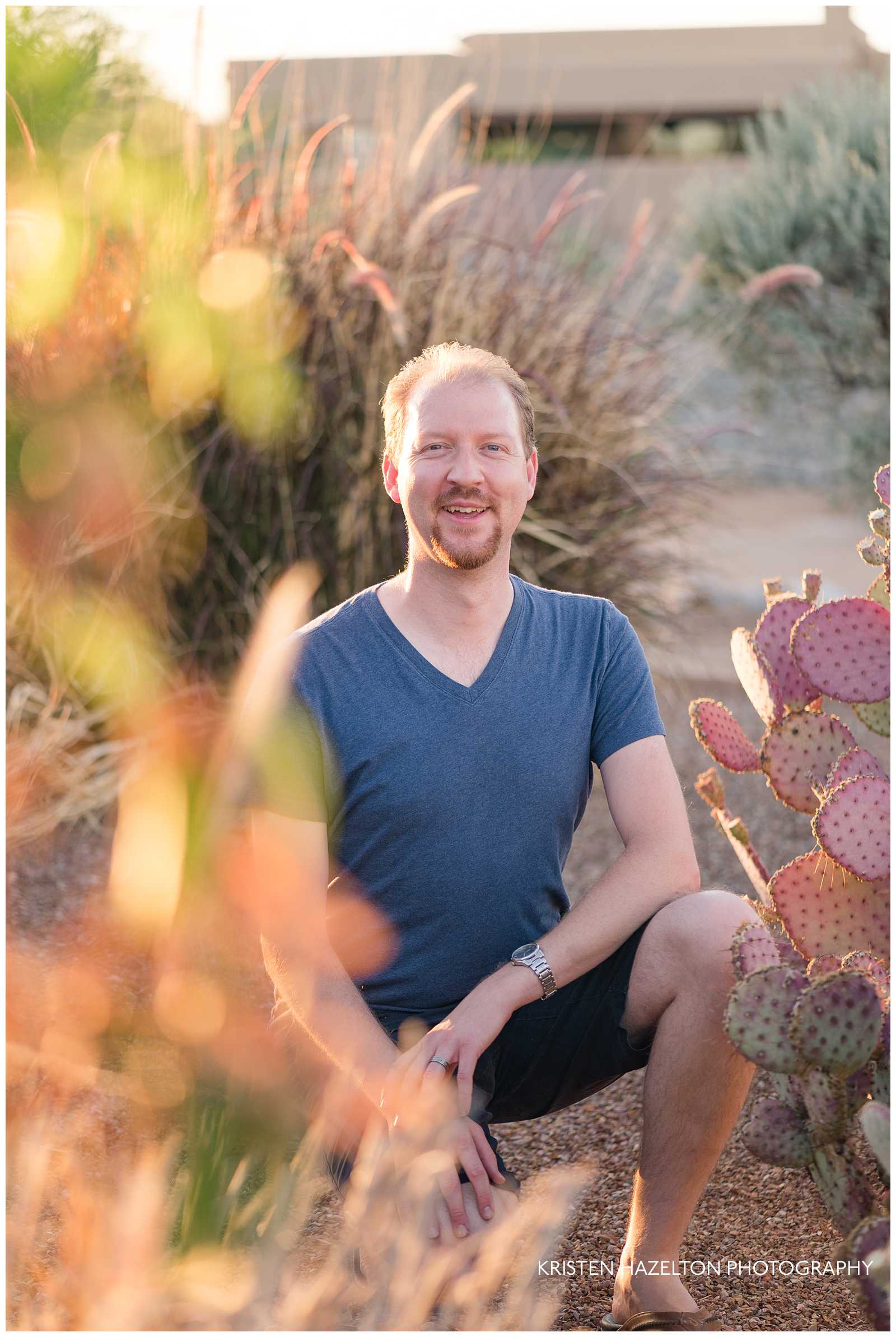 Sunset portrait of a man with cacti