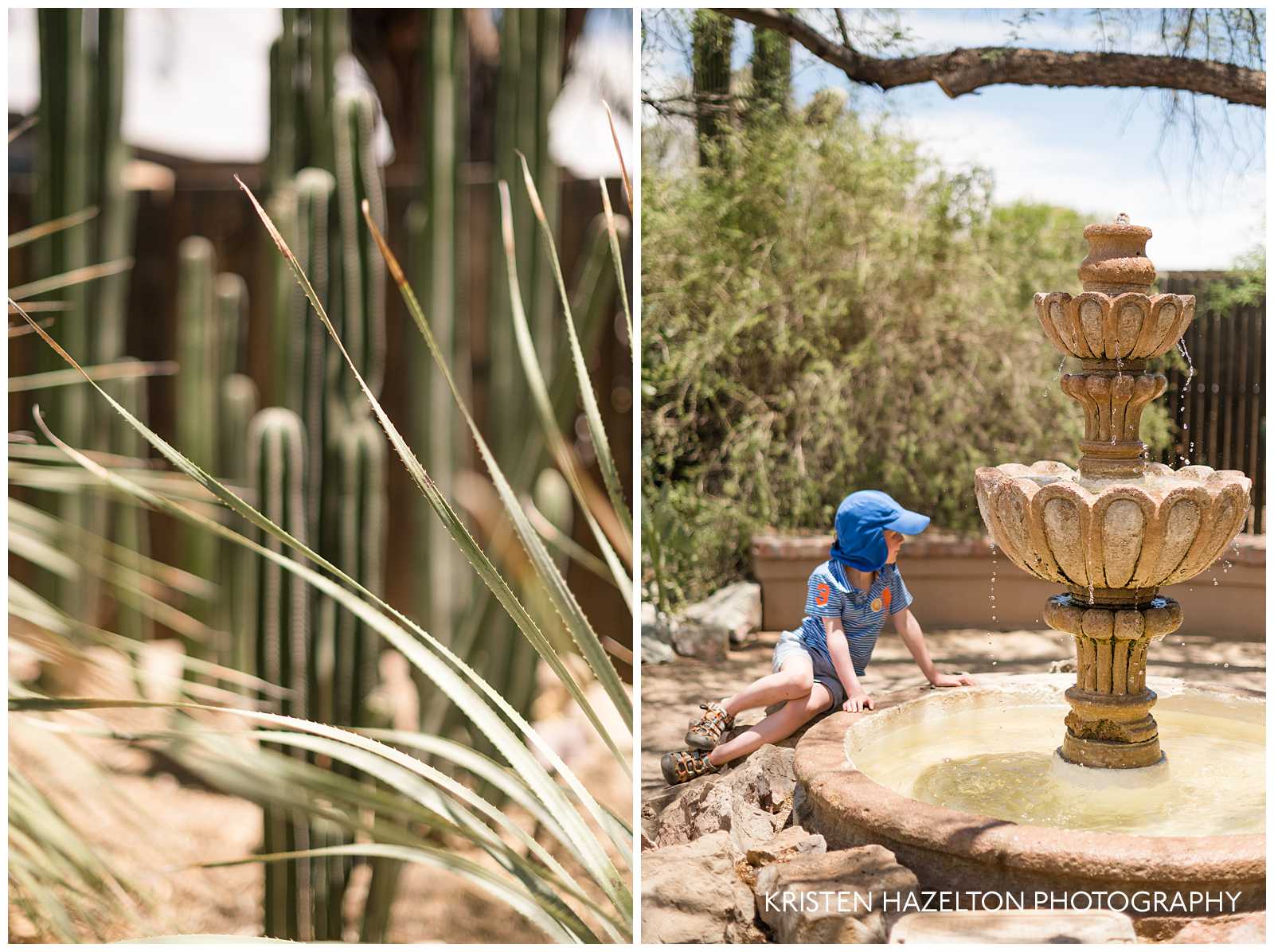 Young boy looking at a fountain at the Tucson Botanical Garden