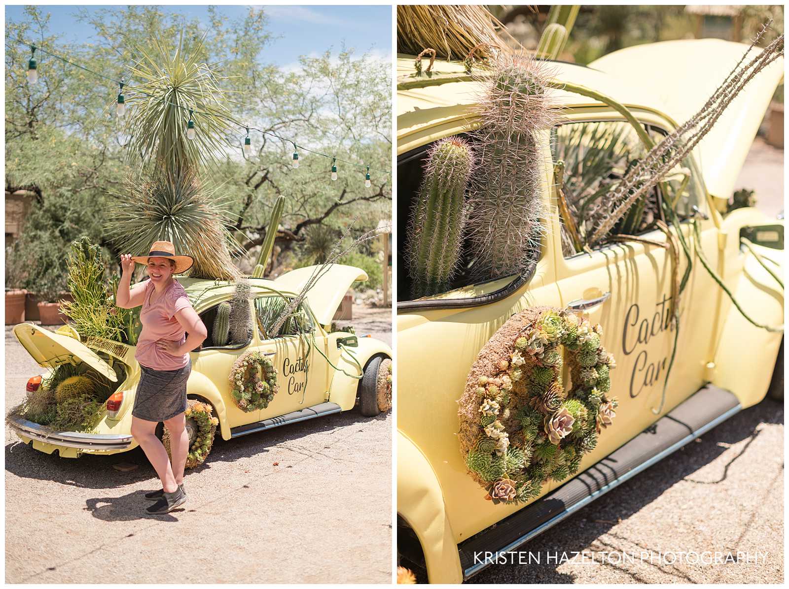 Woman in cowboy hat posing next to Tucson Botanical Garden's cactus car