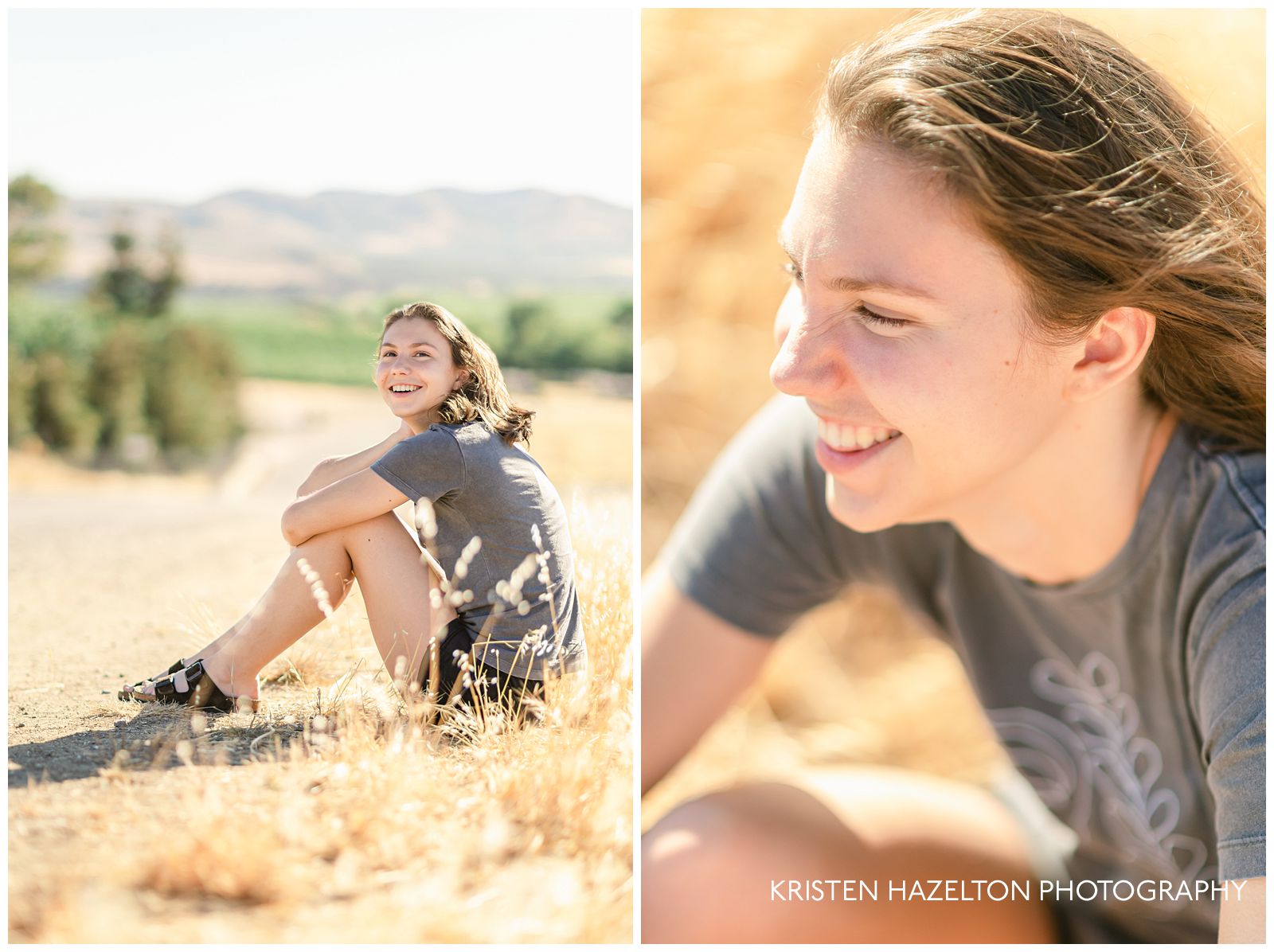 Girl wearing gray shirt and black shorts seated on the ground with yellow grass in the foreground
