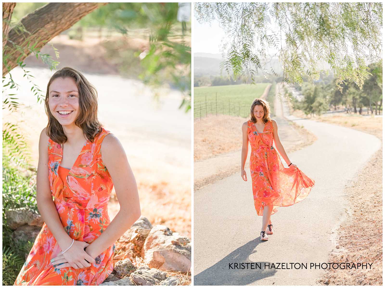 Girl in orange dress walking by Livermore photographer Kristen Hazelton