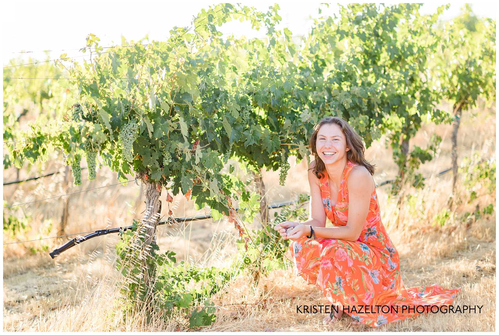 High school senior girl crouching in a vineyard by Livermore photographer Kristen Hazelton