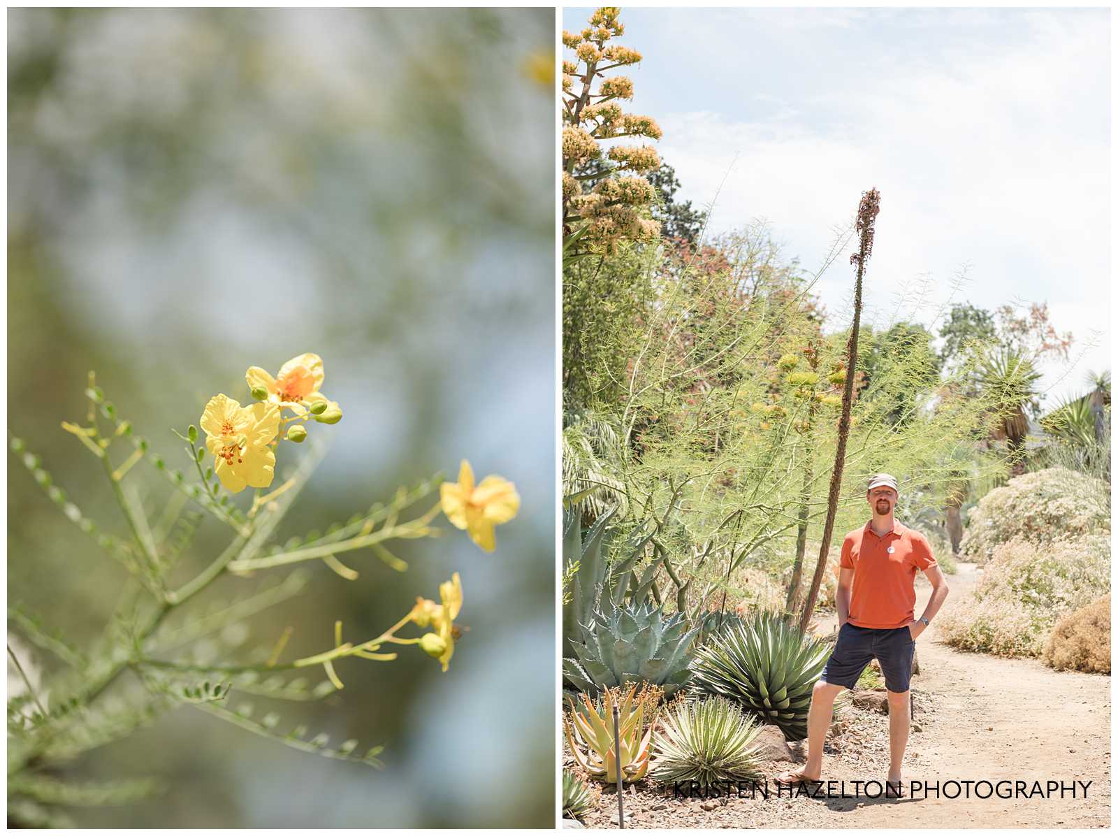 Man in orange shirt standing in front of a blooming agave.