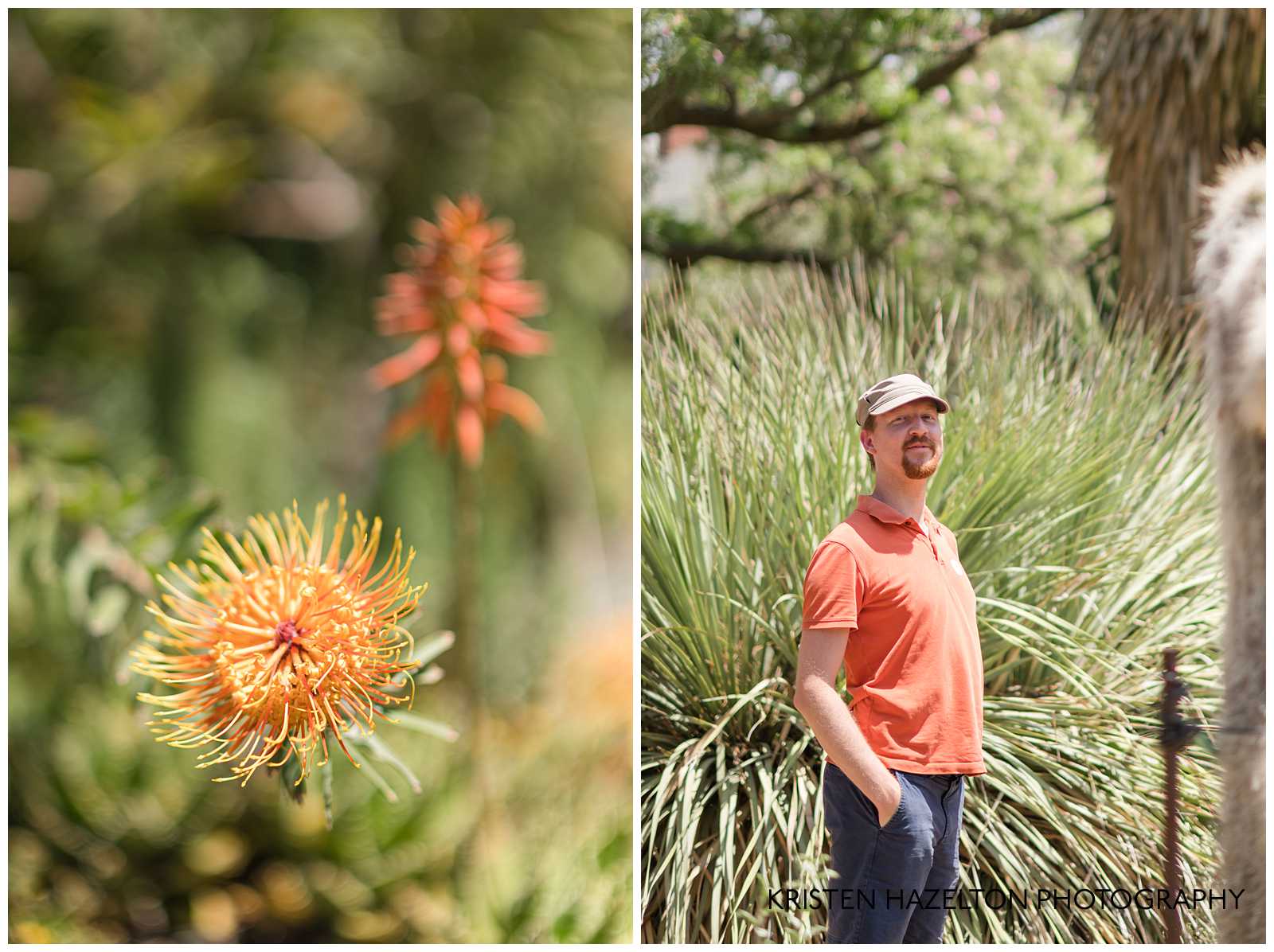 Man in orange shirt in a cactus garden