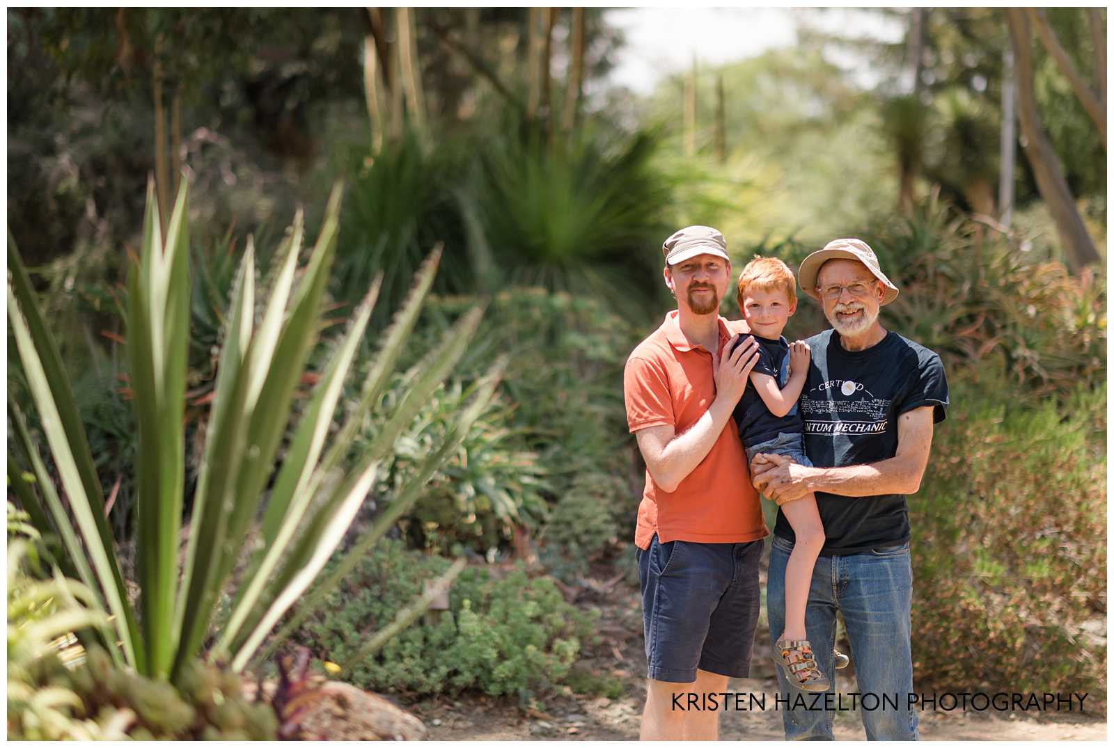 Family photos of a father, son, and grandfather at the Ruth Bancroft Garden in Walnut Creek, CA.