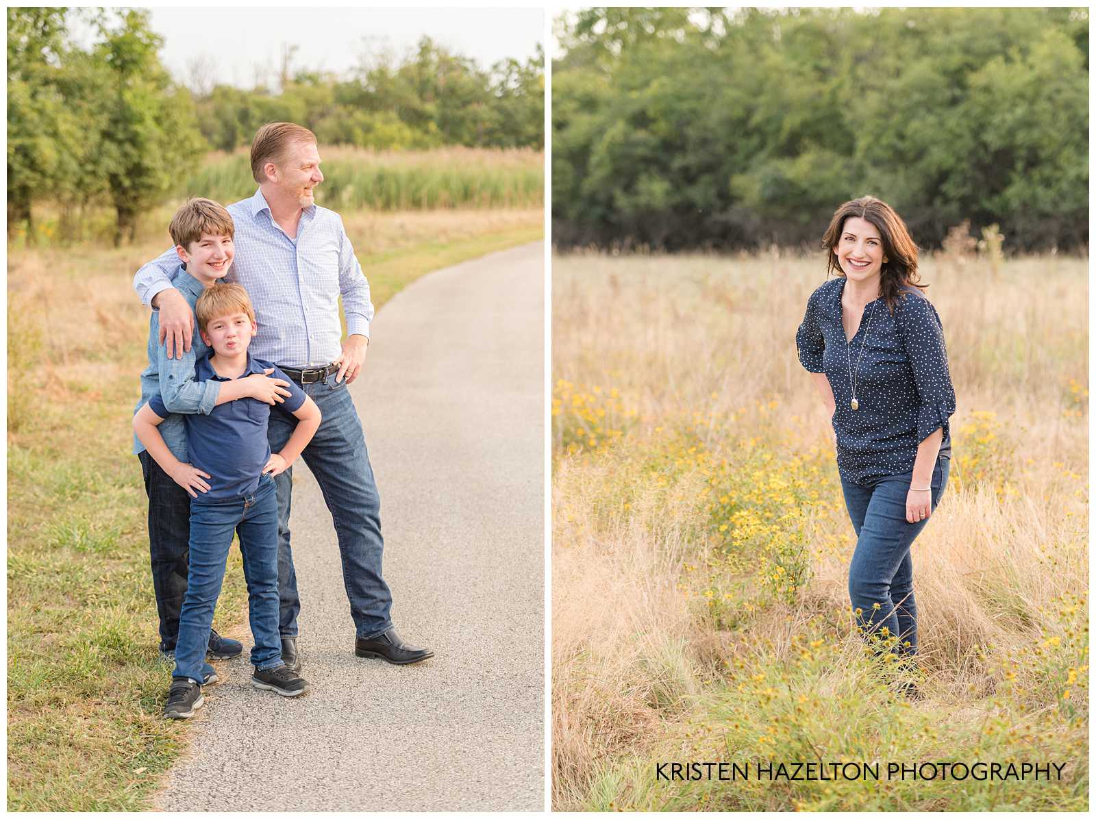 Family laughing at mom while she poses in a field