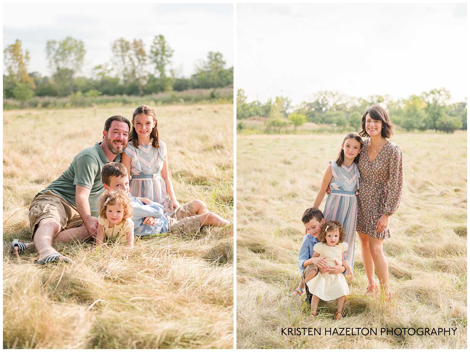 Mom and Dad with three kids standing in a grassy field
