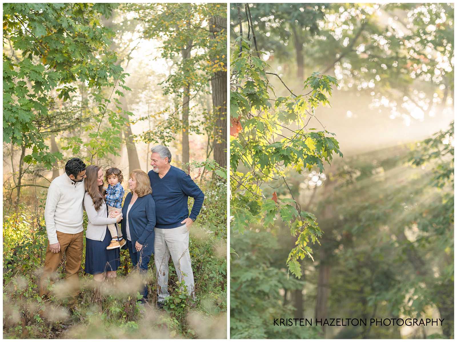 Family of three and grandparents in a sunbeam by River Forest, IL family photographer Kristen Hazelton