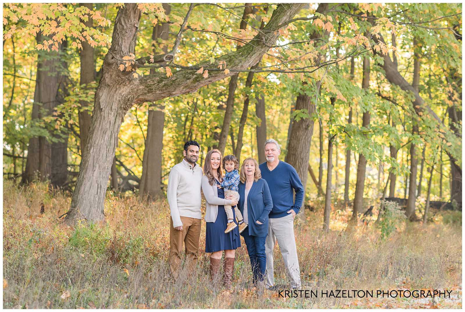 Fall Family photo of three and grandparents by River Forest, IL family photographer Kristen Hazelton
