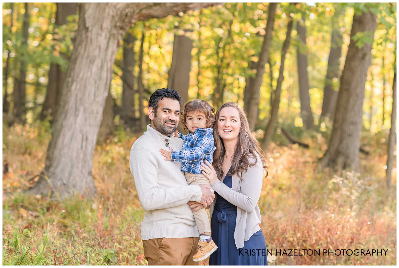 Fall family photo of three by River Forest, IL family photographer Kristen Hazelton