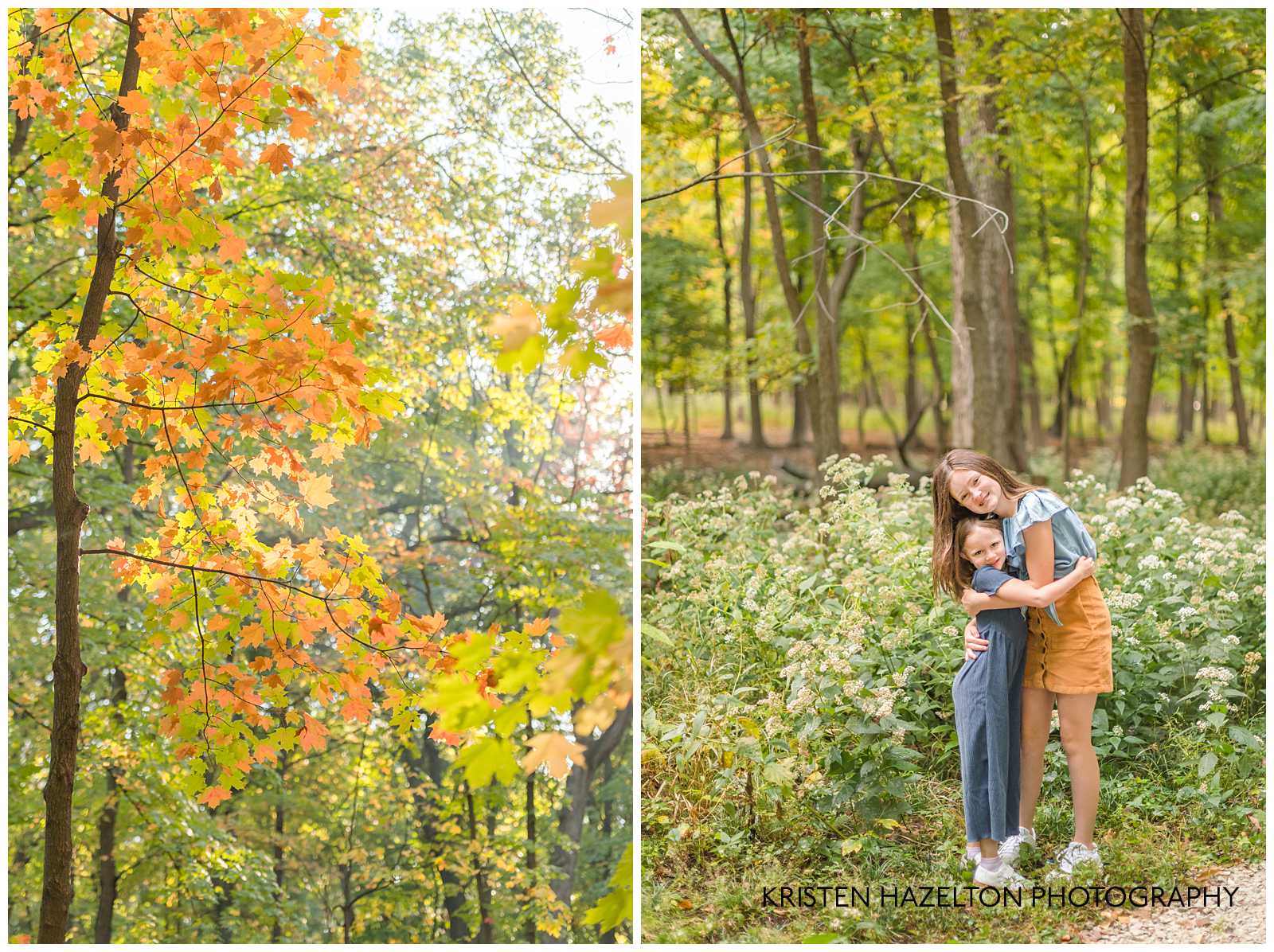 Two young sisters hugging each other in the woods by River Forest, IL photographer Kristen Hazelton