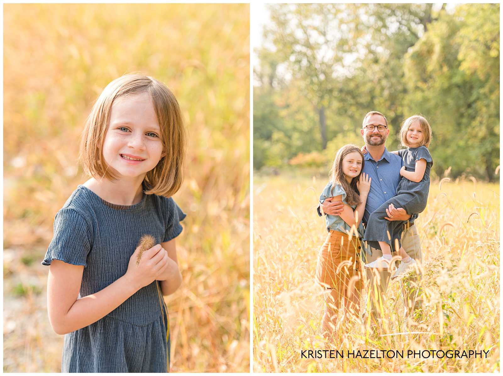 Dad and daughters in a field of cattails by River Forest, IL photographer Kristen Hazelton