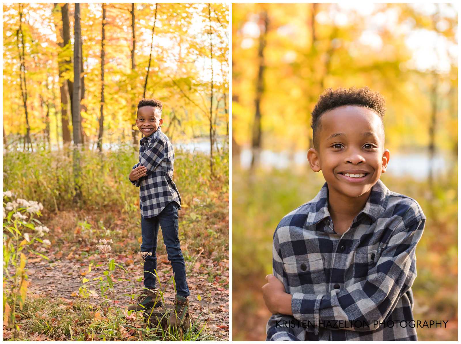 young boy with plaid shirt standing on a stump at a Oak Park IL Fall Mini Session