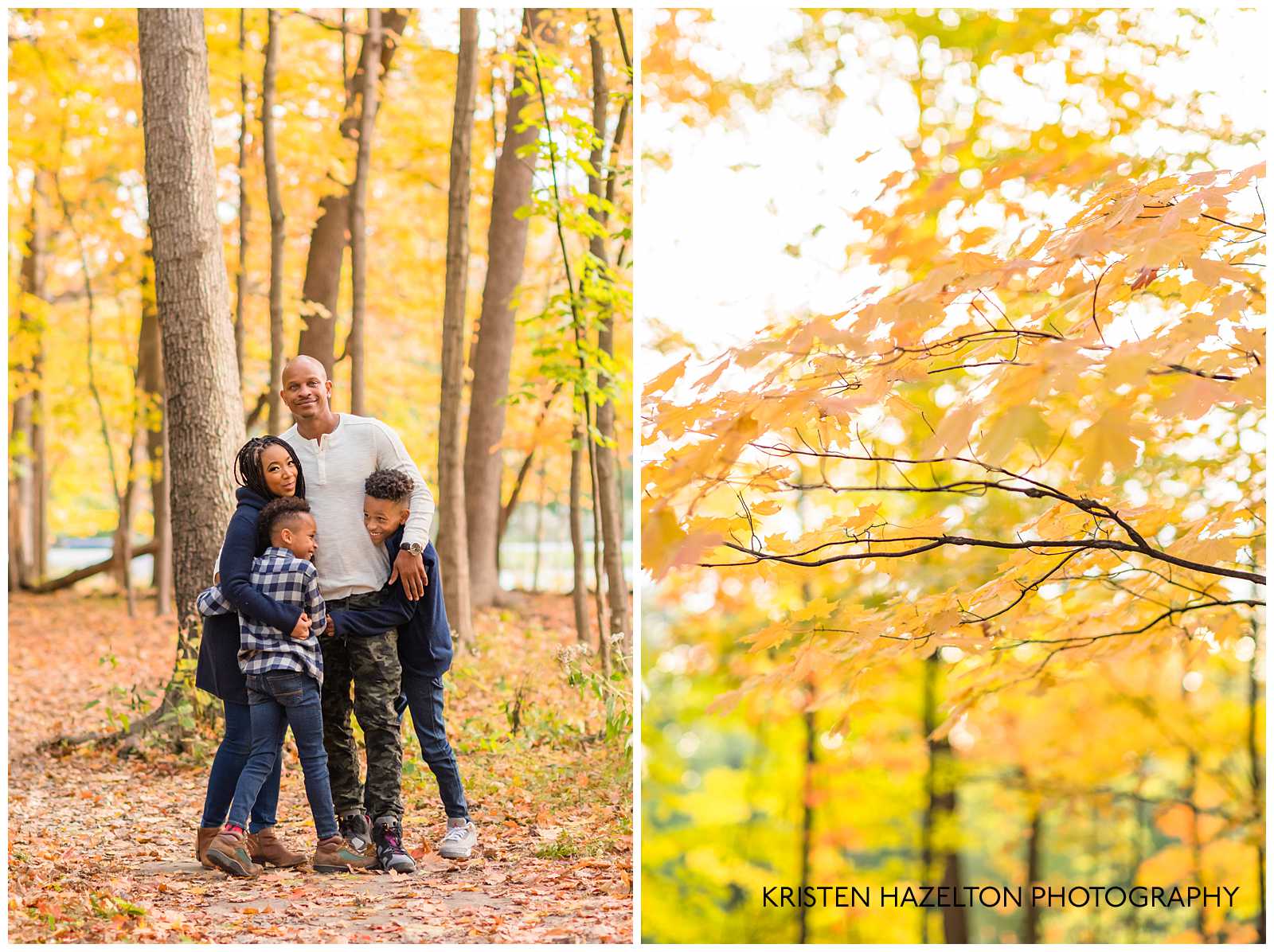 Family of four hugging under yellow fall leaves