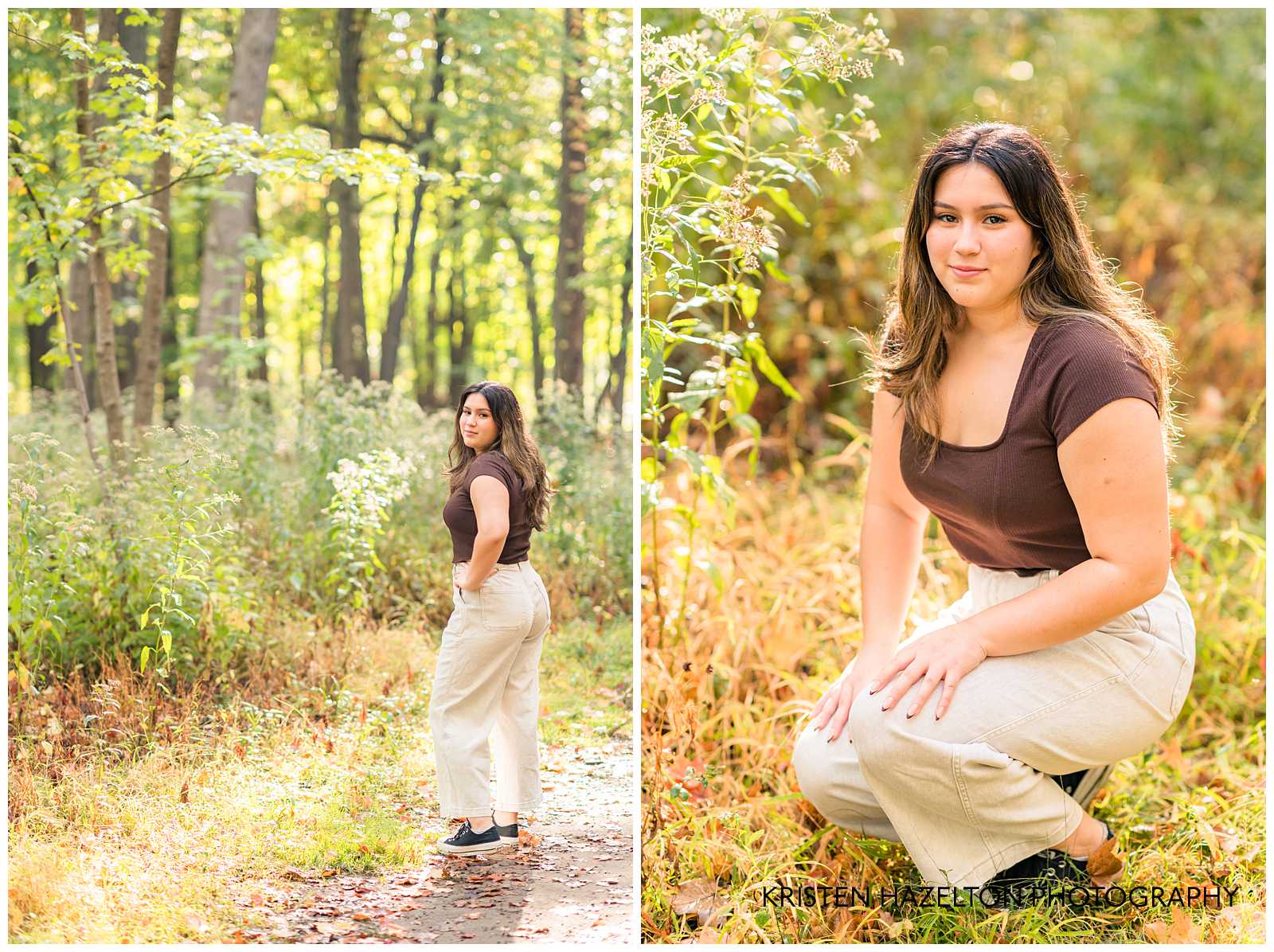 High school senior girl wearing a brown shirt and white pants in the woods by River Forest, IL senior photographer Kristen Hazelton