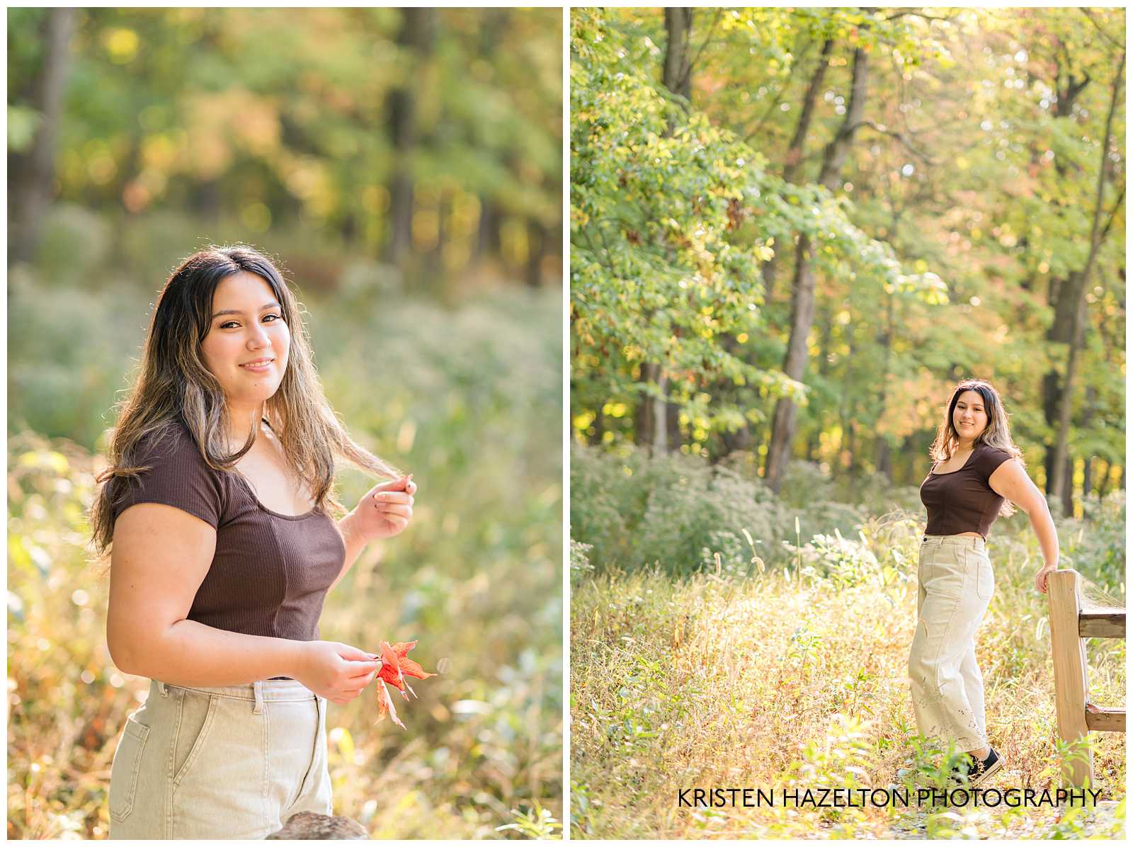 High school senior girl in a sunbeam in the woods by River Forest, IL senior photographer Kristen Hazelton