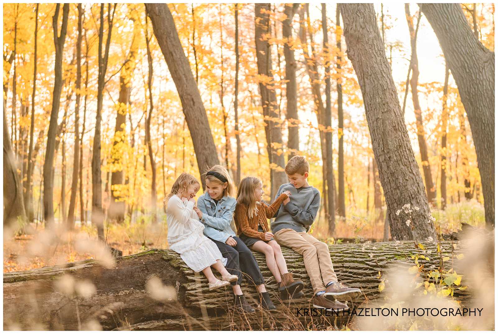 Siblings tickling each other in the fall woods