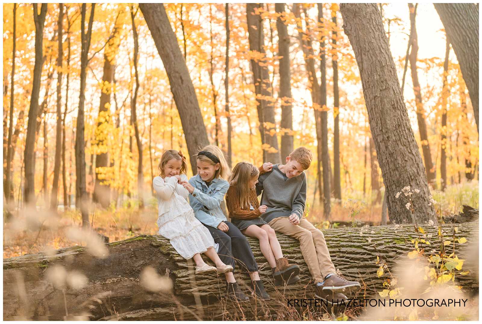 Brother and sisters sitting on a log and tickling each other 