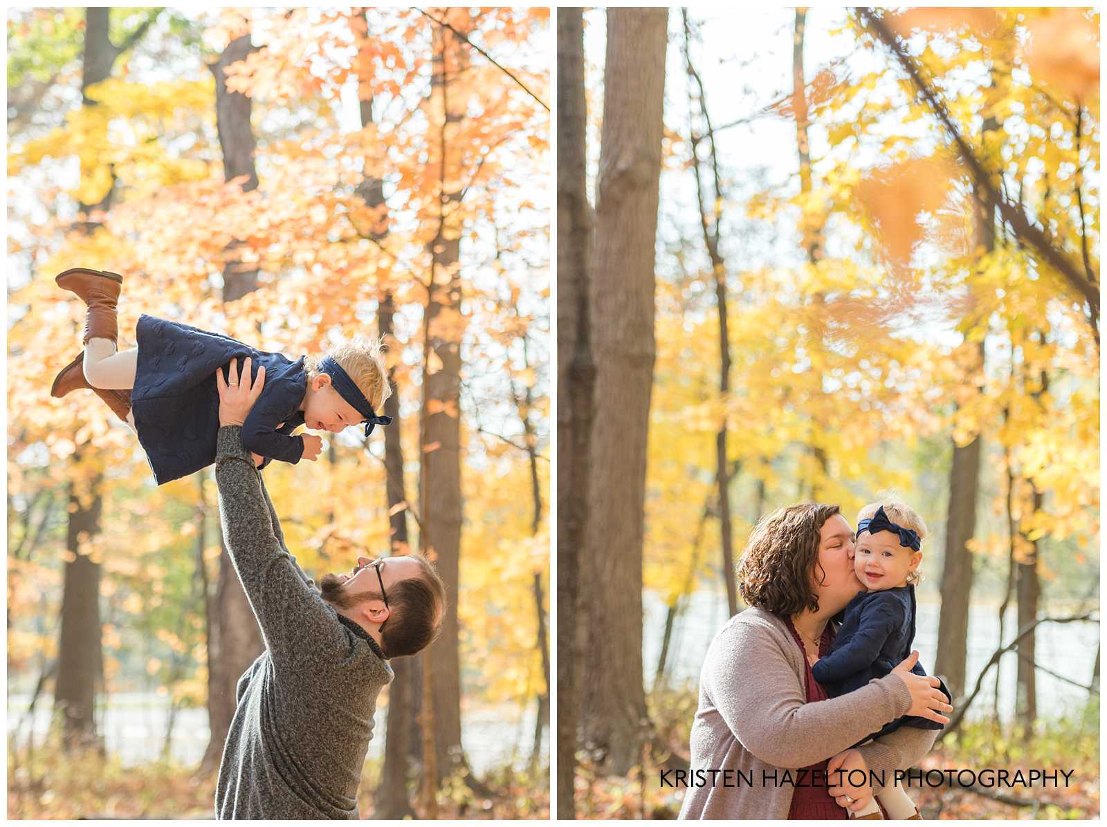 Mom, Dad, and toddler daughter playing under fall leaves