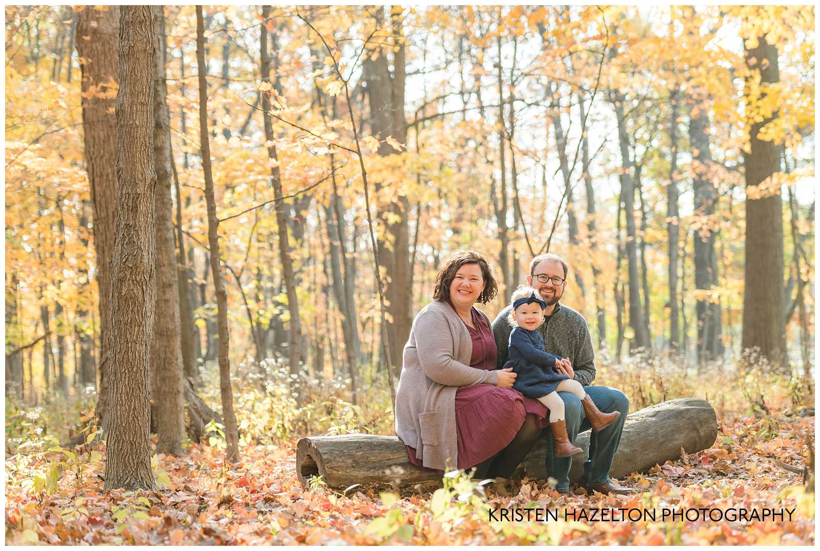 Mom, Dad, and daughter seated on a log at their Oak Park IL Mini Session