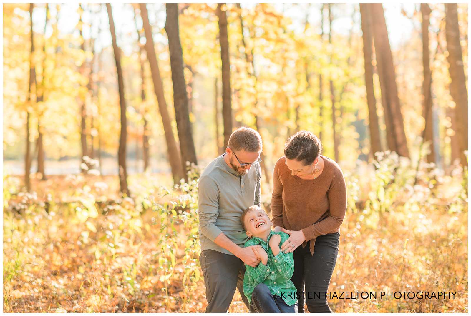 Mom and Dad tickling their young son at their River Forest IL Fall Mini Session