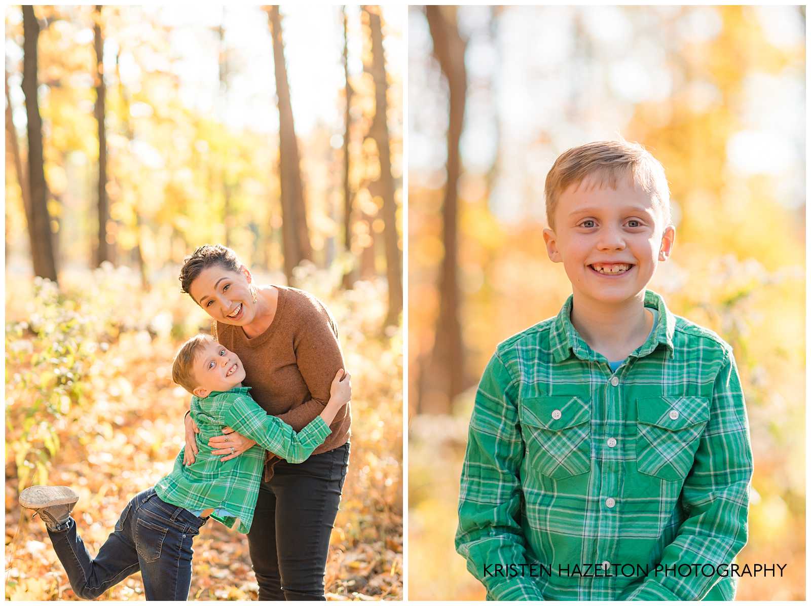 Young boy hugging his mom at their River Forest IL Fall Mini Session
