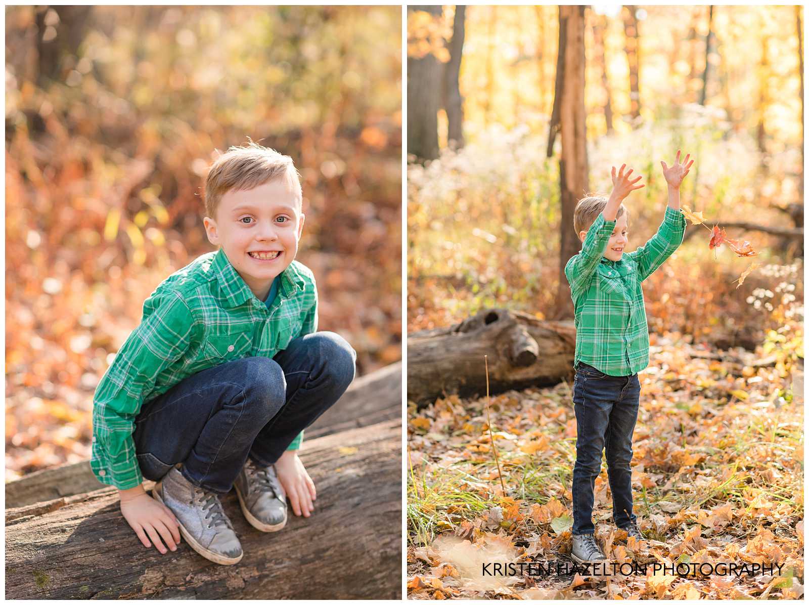 Young boy crouched on a log at their River Forest IL Fall Mini Session