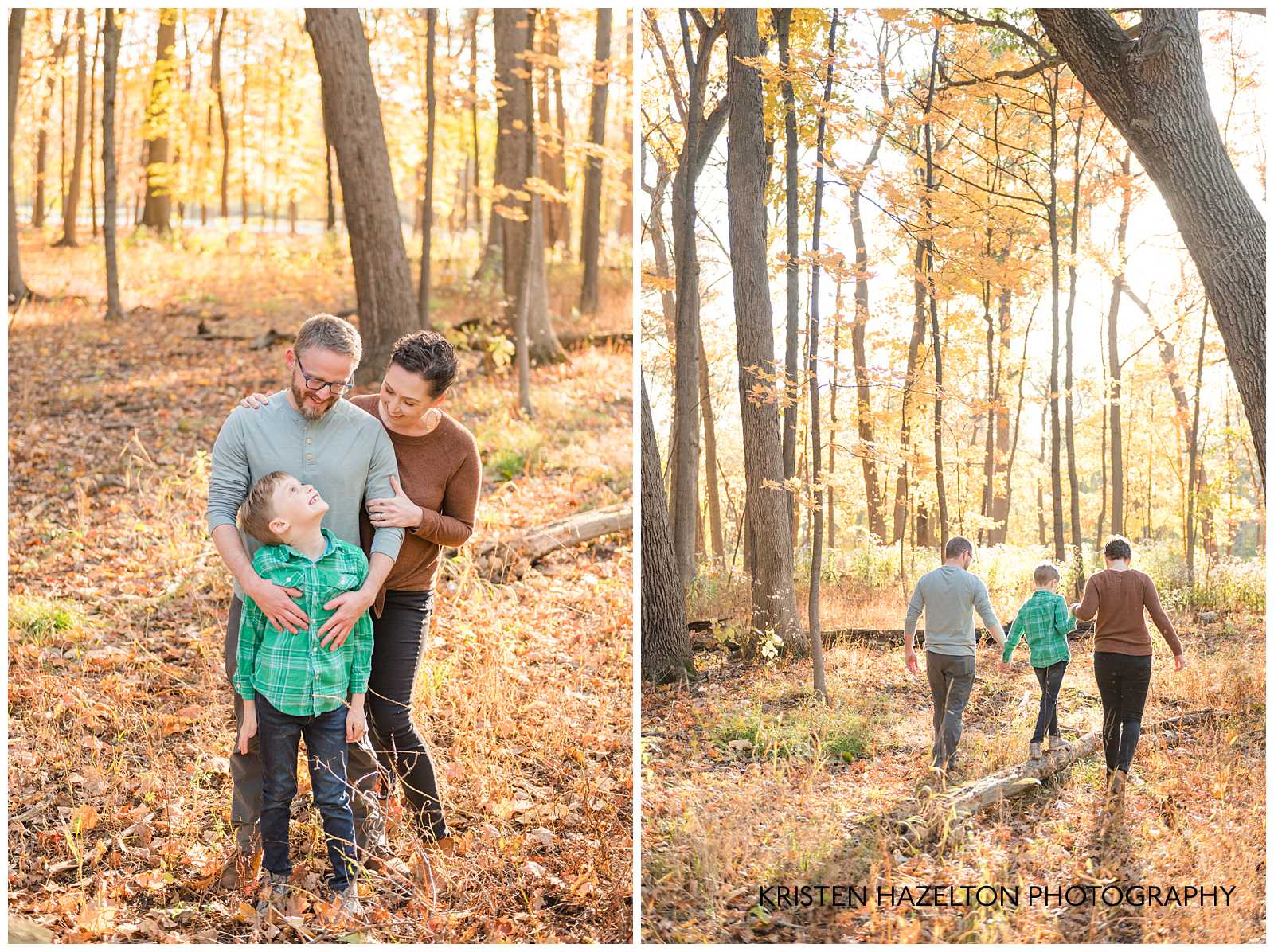 Mom and Dad holding son's hands as he walks on a log