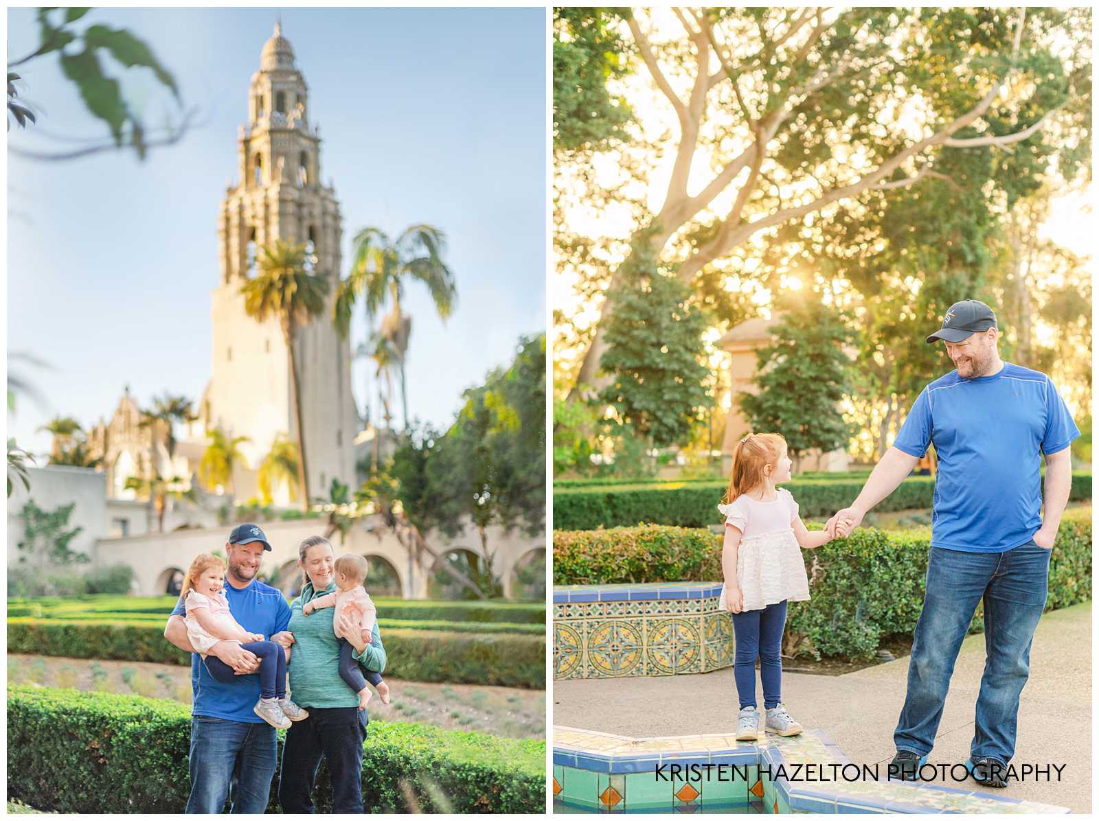 Family of four in front of California Tower in Balboa Park family photos by photographer Kristen Hazelton