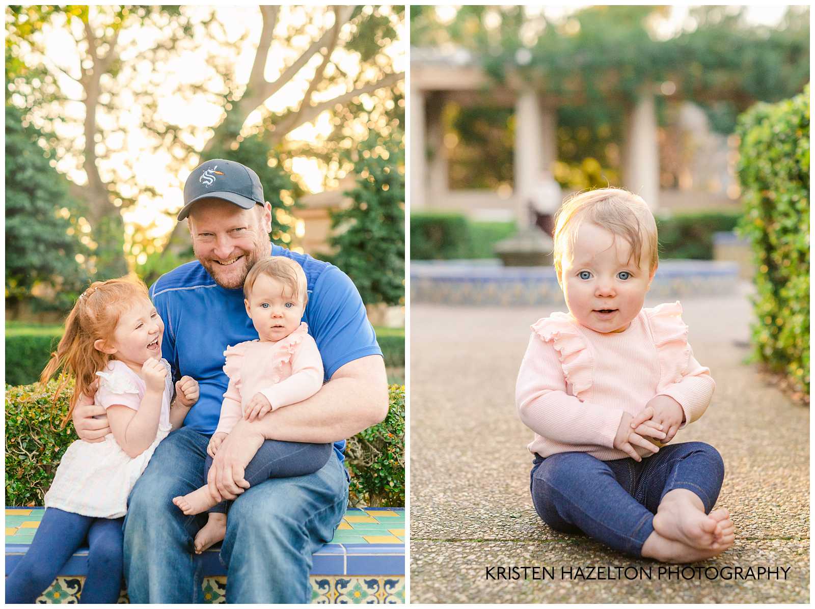 Dad hugging his two young daughters in Balboa Park family photos by photographer Kristen Hazelton