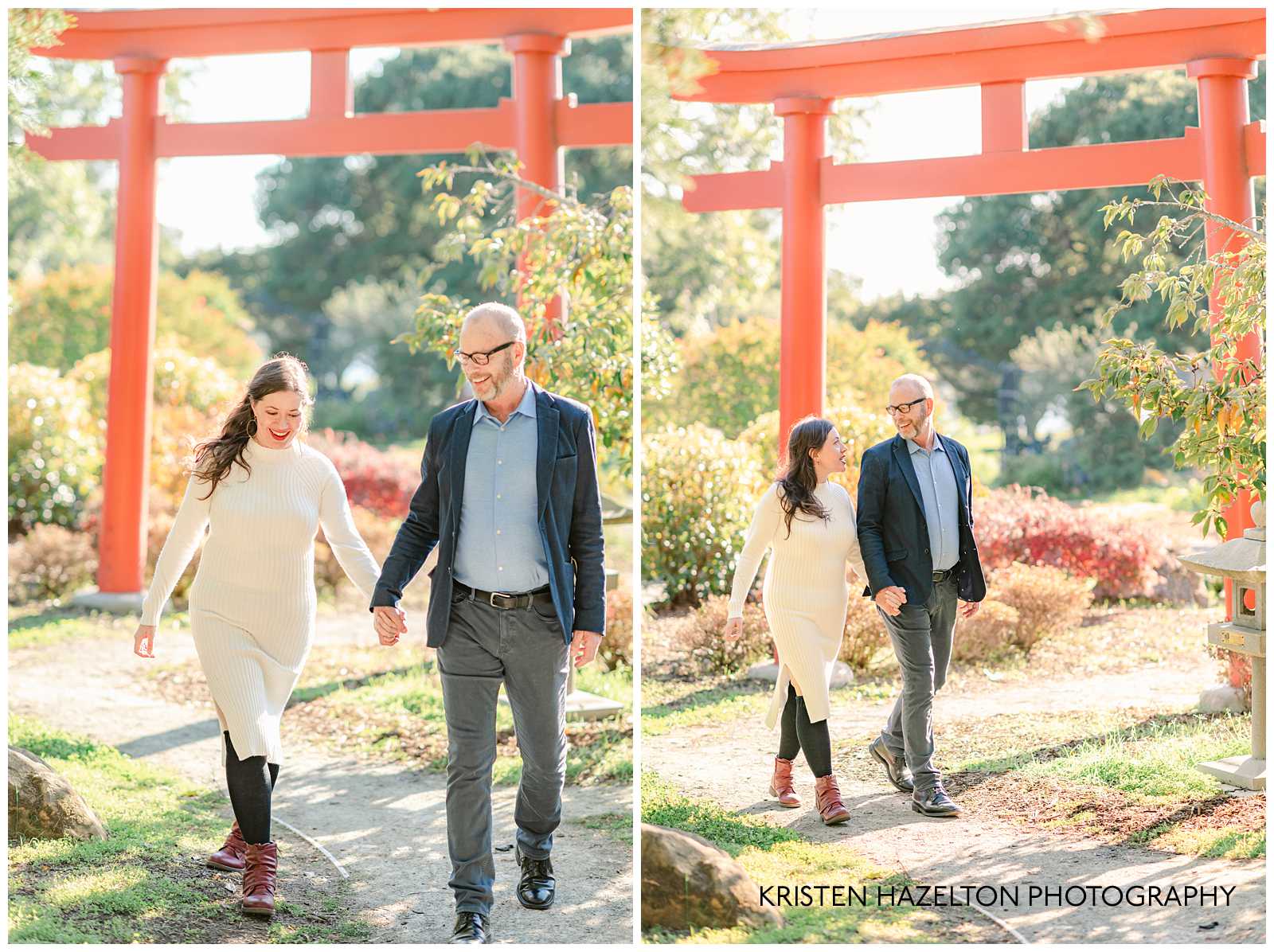 Man and woman walking in front of a torii gate in photos by Bay Area Engagement Photographer Kristen Hazelton