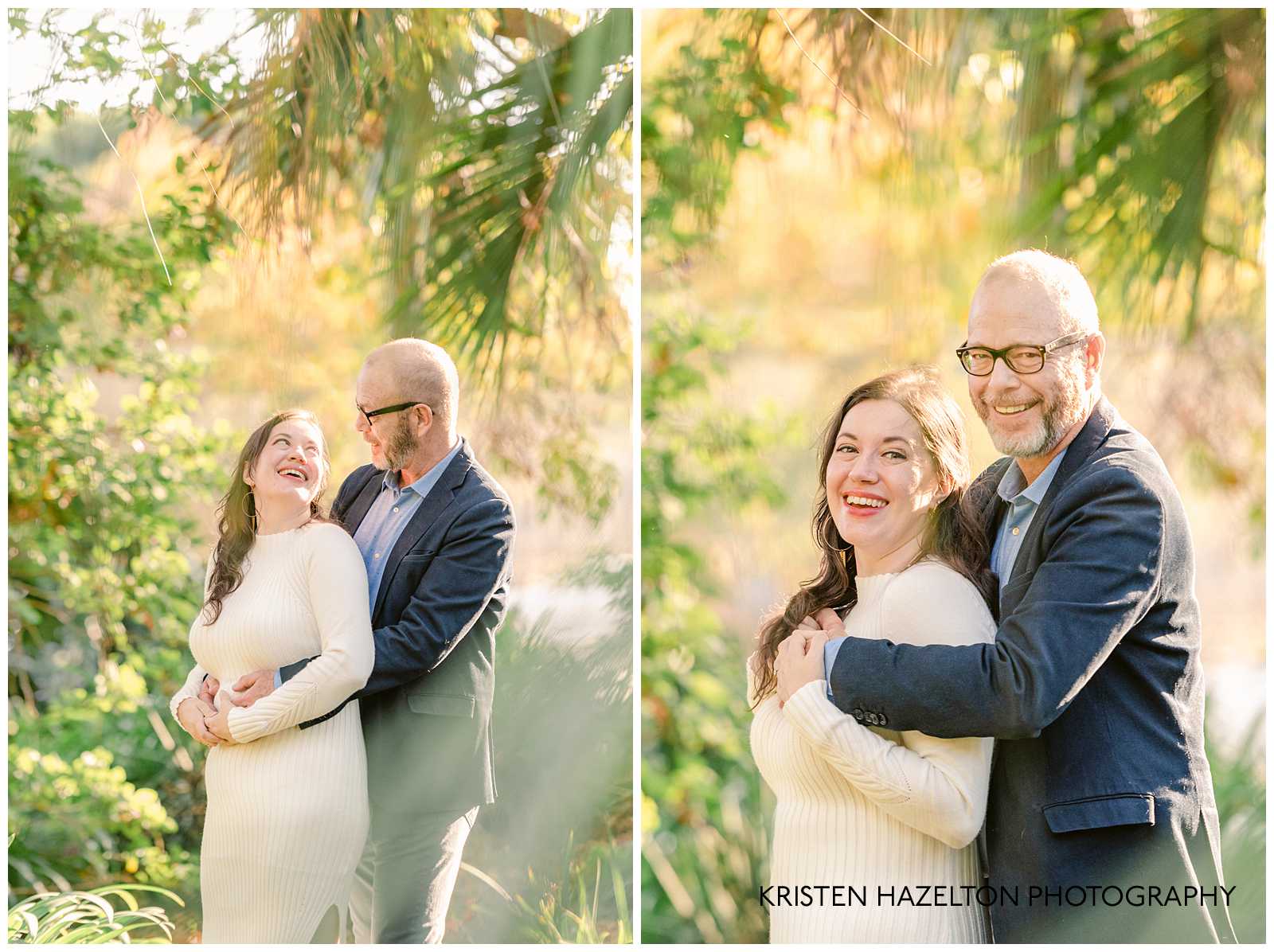 Man hugging fiancee under palm trees 
