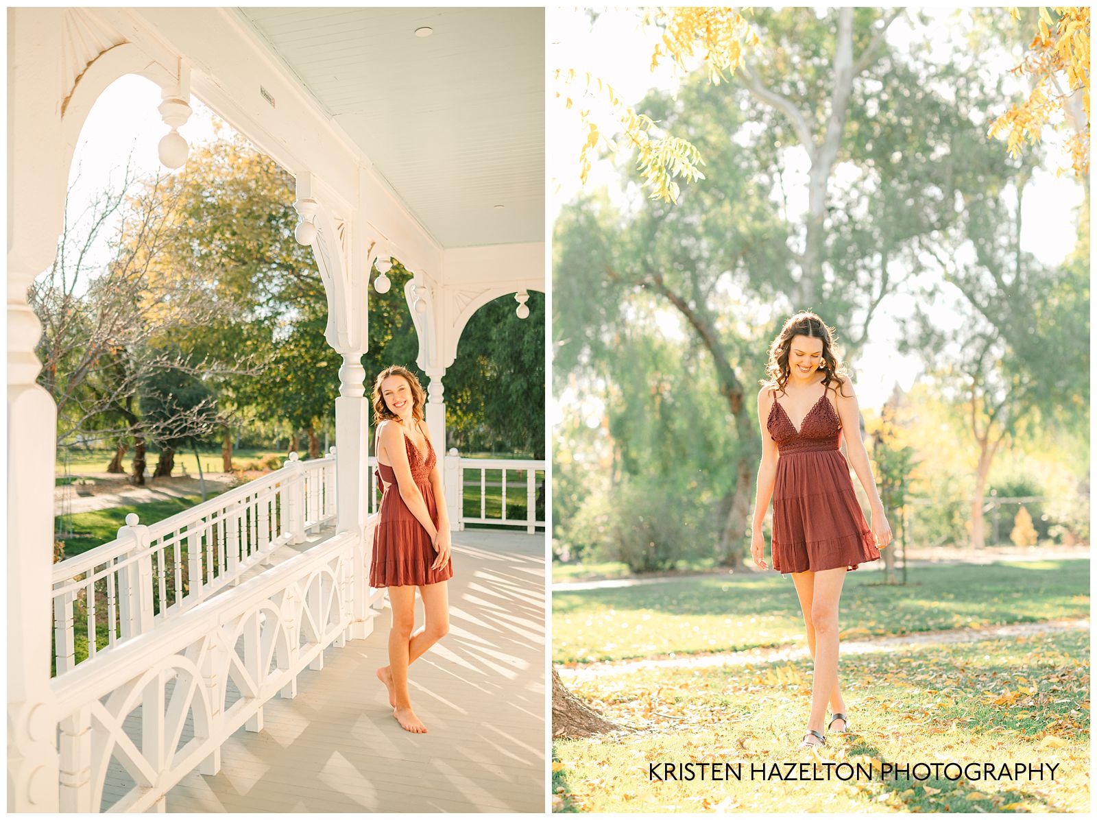 Girl in a red halter dress walking on the front porch of the Ravenswood Historical Site in Livermore, CA