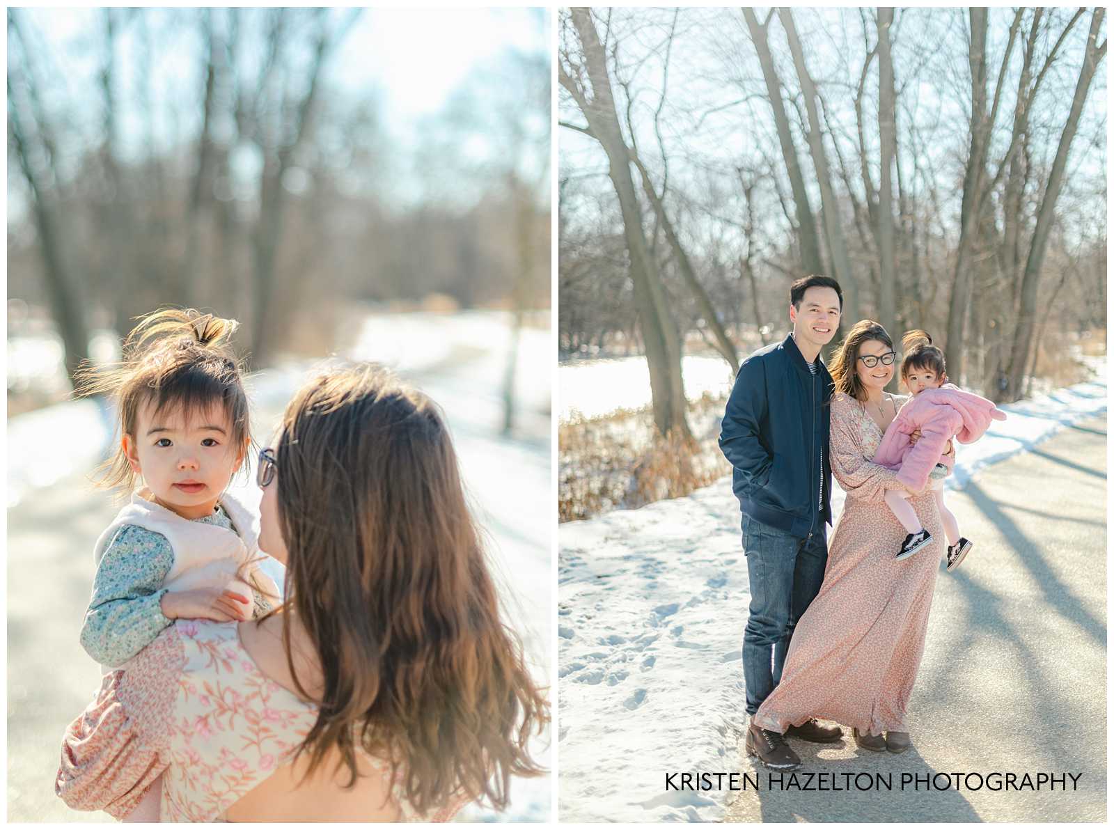 Family of three standing on a path in Riverside, IL at a Winter Family Photoshoot