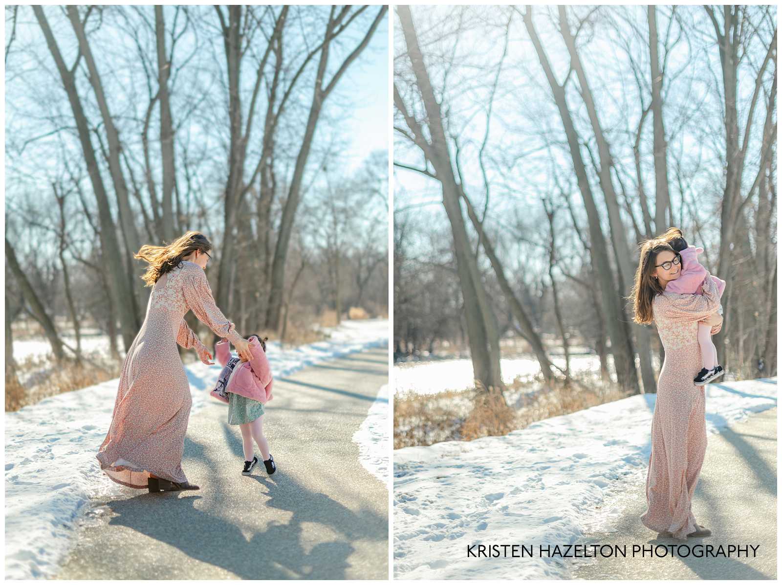 Mom dancing with her toddler daughter in the snow at a Winter Family Photoshoot