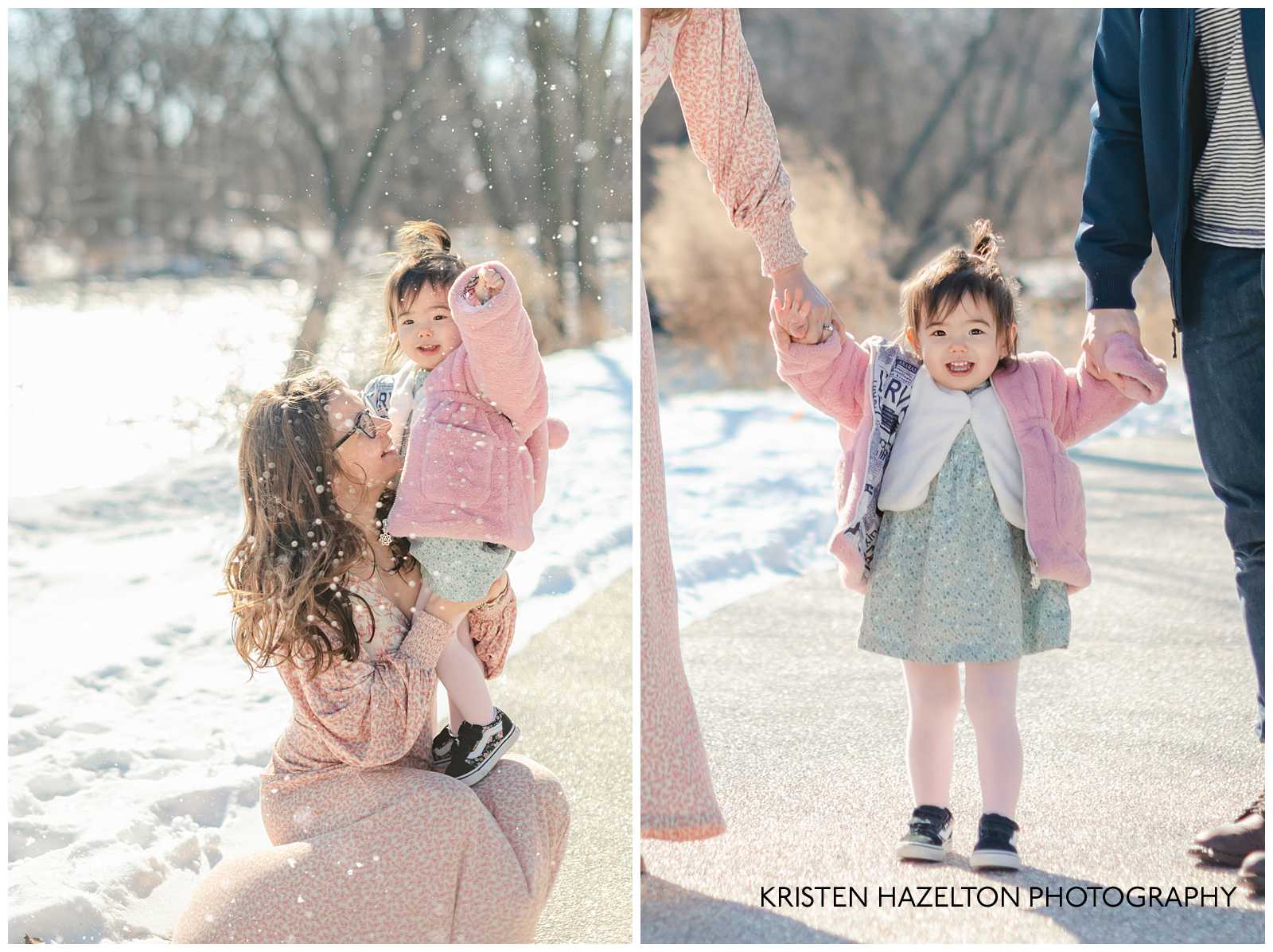 Toddler girl in pink jacket throwing snow at a Winter Family Photoshoot