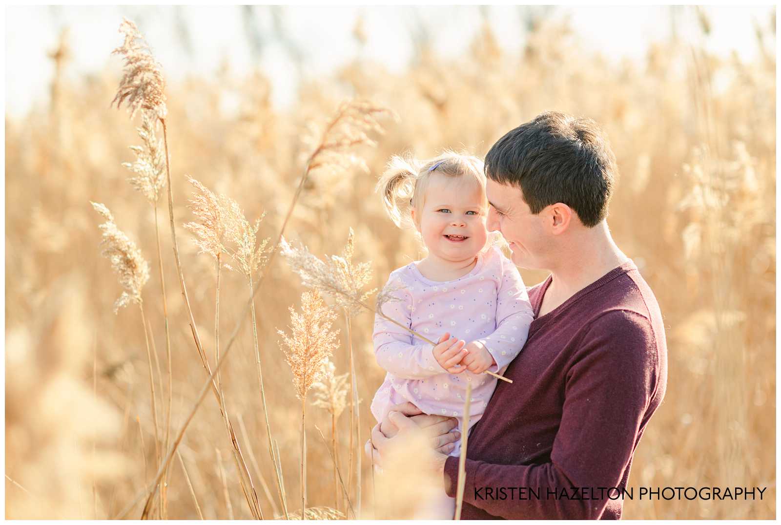 Dad and two-year old daughter in a field of yellow grasses in Forest Park, IL