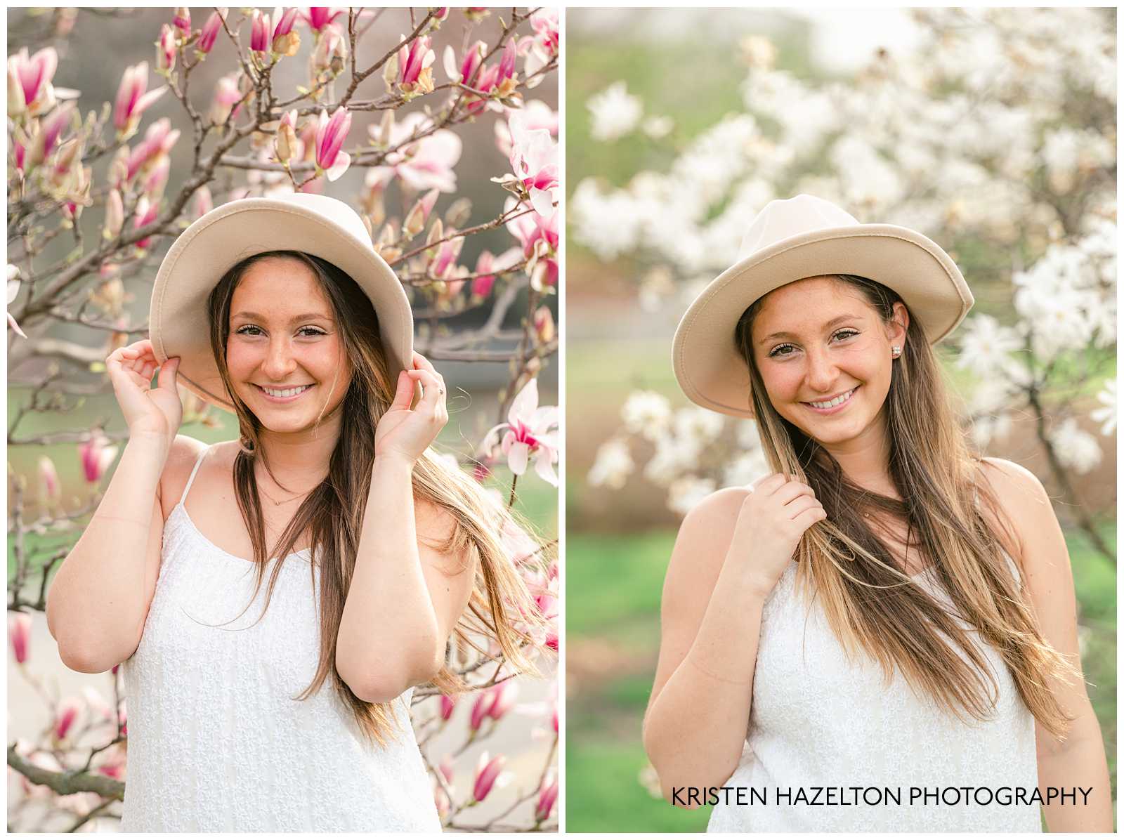 Elmhurst high school senior photos of a girl in a white dress holding her hat.