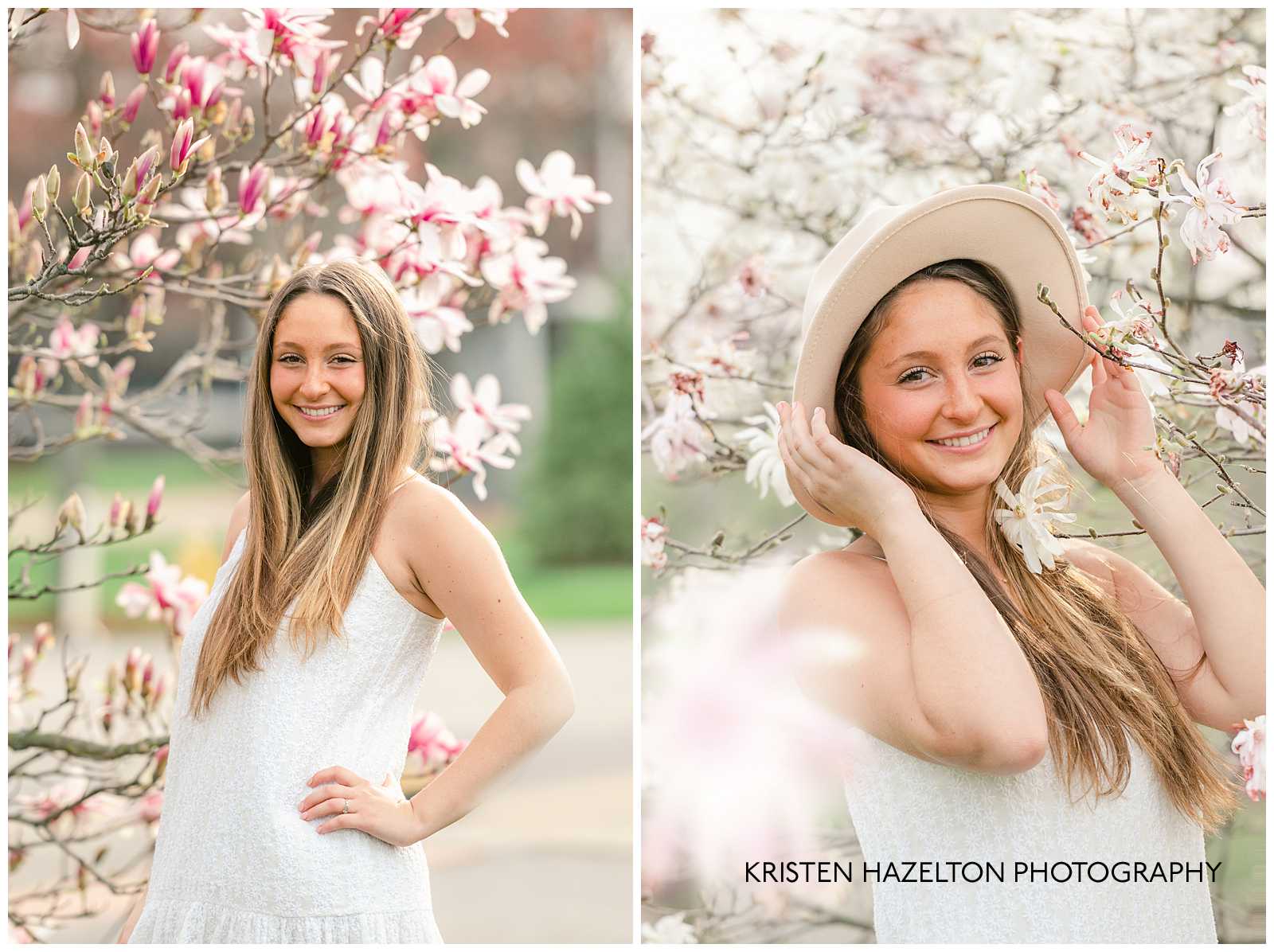 High school senior photos with pink and white magnolias.